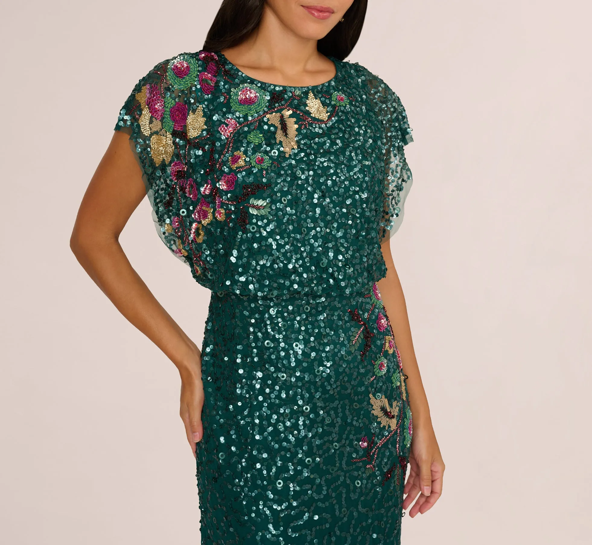 Multicolor Floral Beaded Mermaid Gown With Dolman Sleeves In Gem Green sold by Adrianna Papell product image thumbnail 3