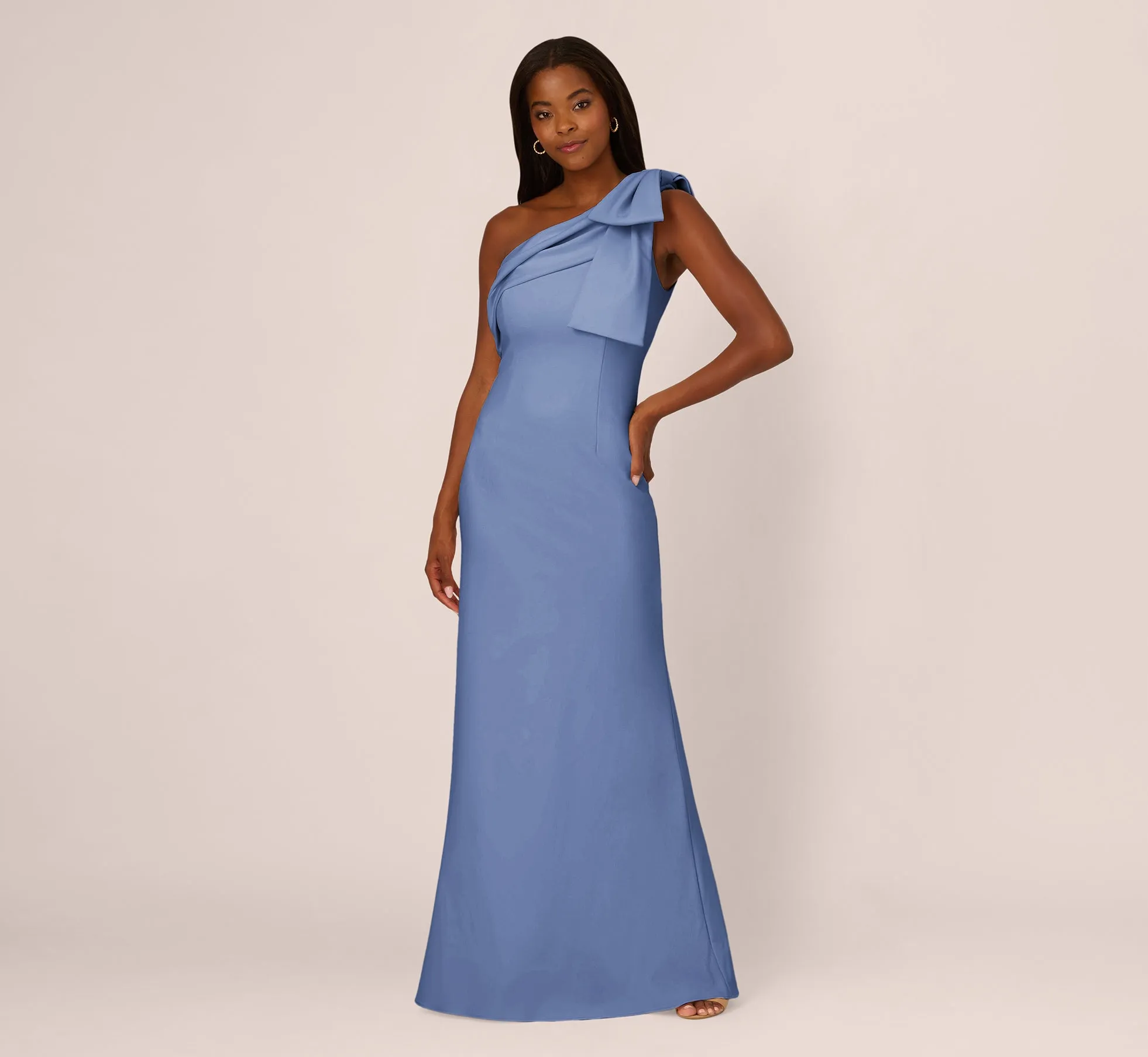 Stretch Crepe One Shoulder Mermaid Gown With Bow Accent In French Blue sold by Adrianna Papell product image thumbnail 2