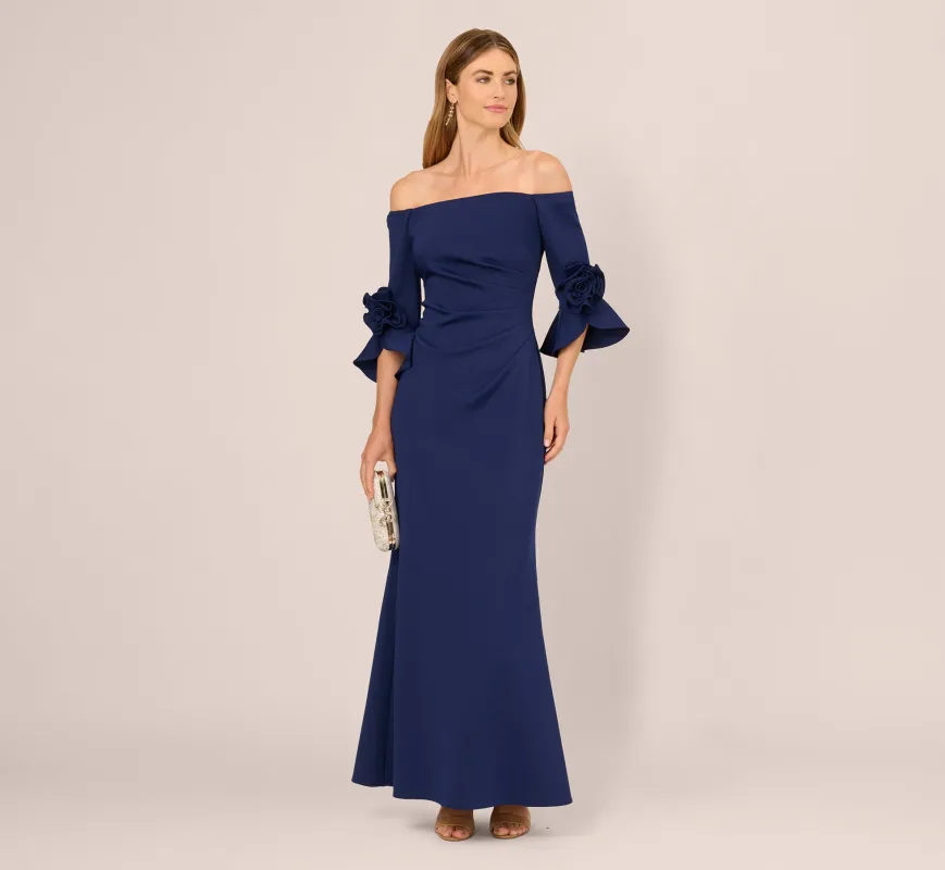 Off Shoulder Bell Sleeve Rosette Gown In Navy Sateen sold by Adrianna Papell