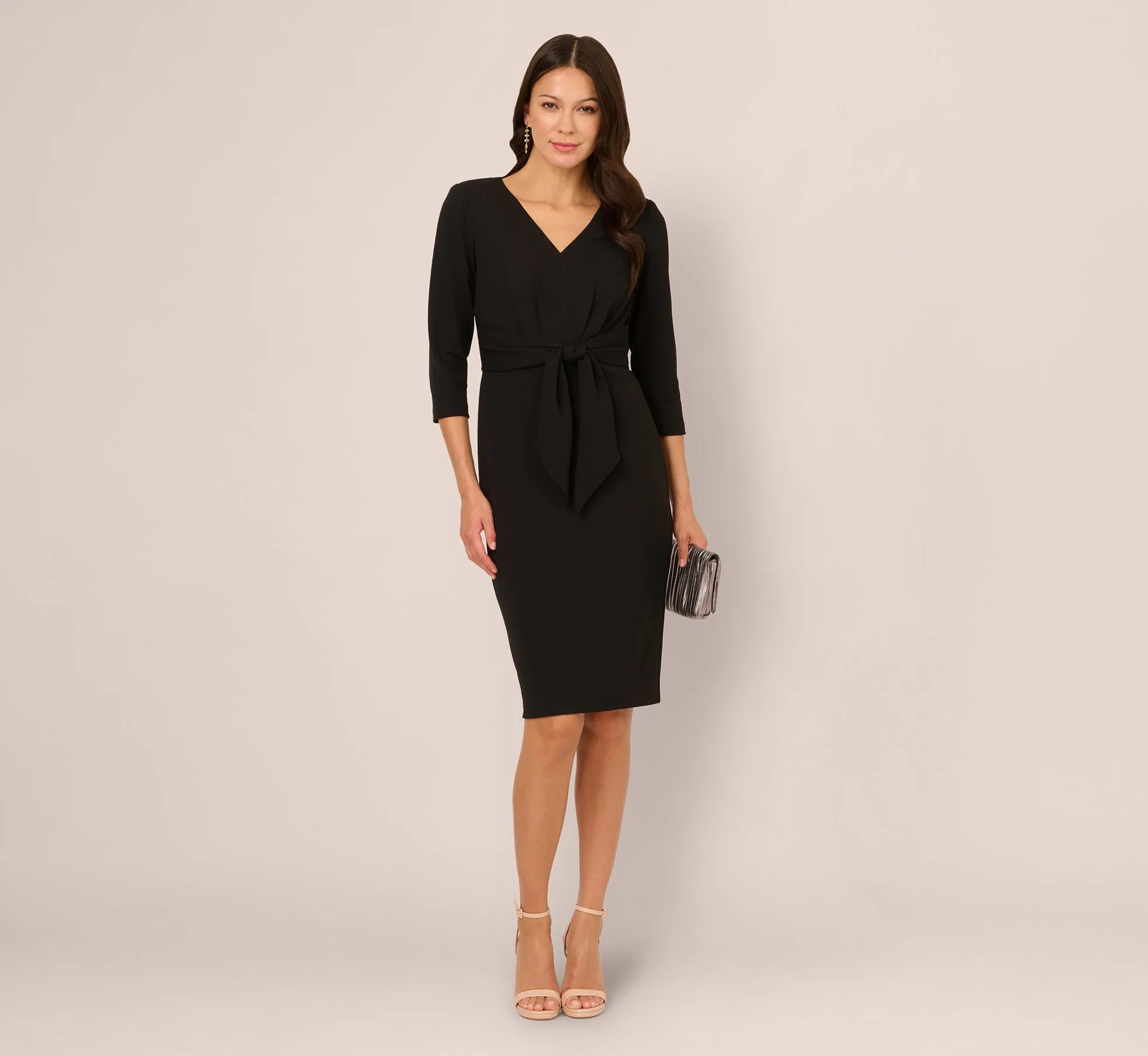Three Quarter Sleeve Pleated Midi Dress With Tie Waist In Black sold by Adrianna Papell