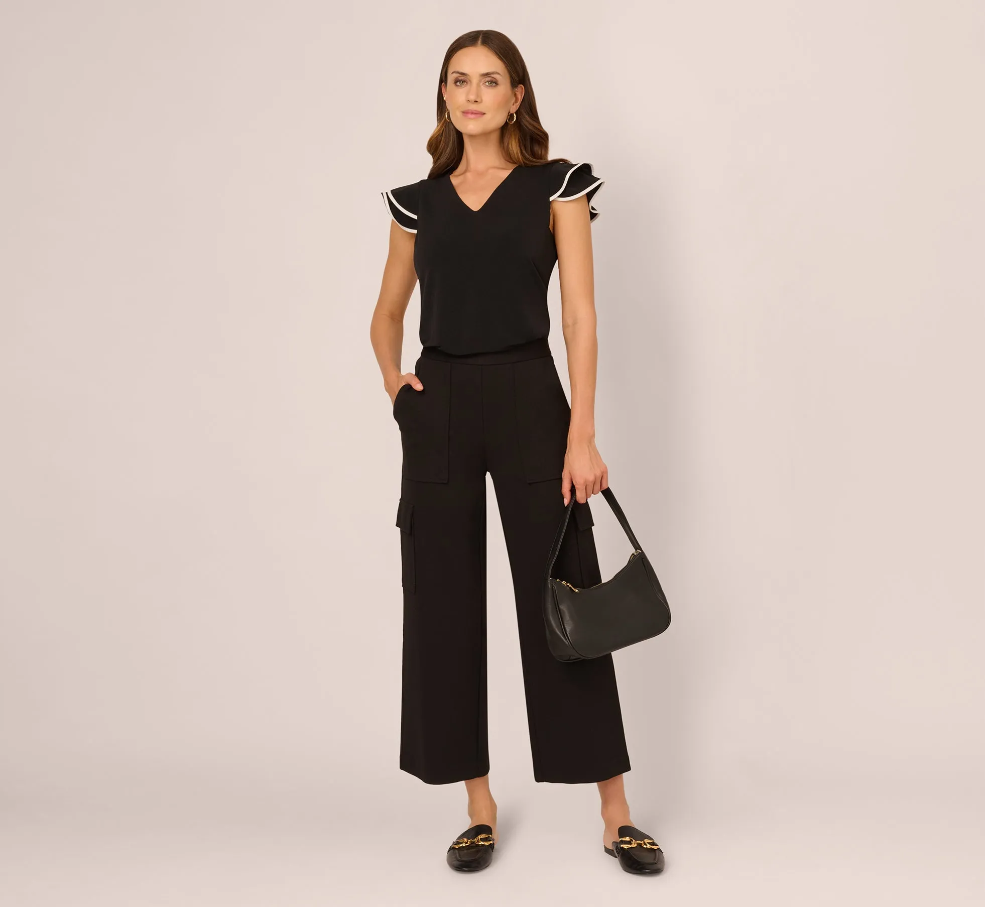 Flutter Sleeve Contrast Tipped Top In Black Ivory sold by Adrianna Papell product image thumbnail 2