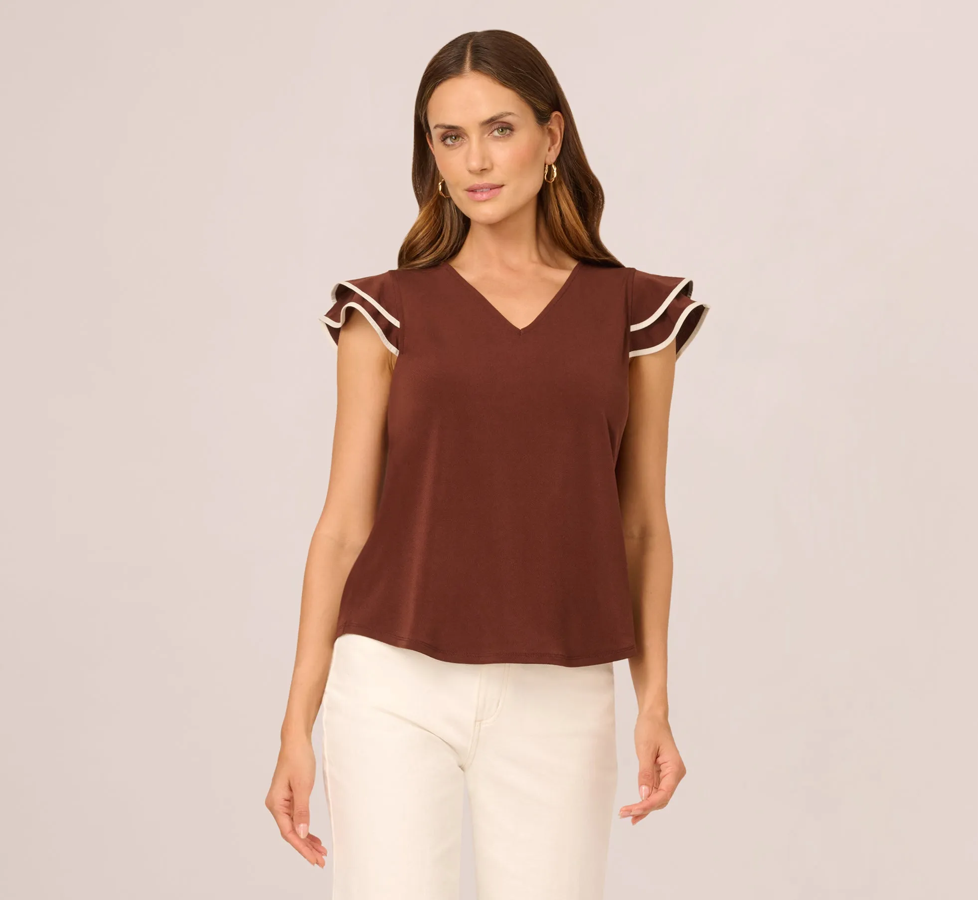 Flutter Sleeve Contrast Tipped Top In Shaved Chocolate Ecru sold by Adrianna Papell product image thumbnail 3