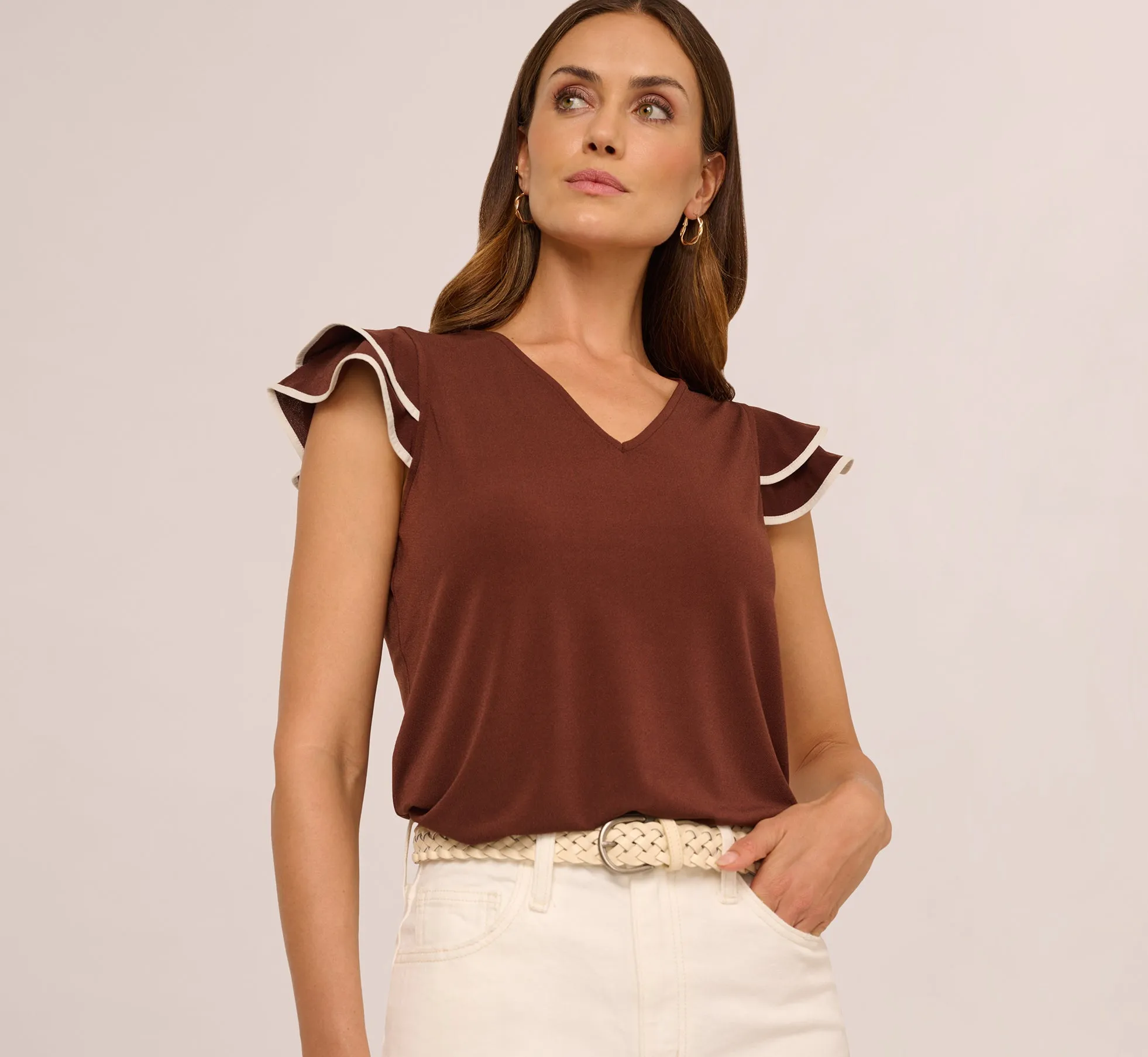 Flutter Sleeve Contrast Tipped Top In Shaved Chocolate Ecru sold by Adrianna Papell