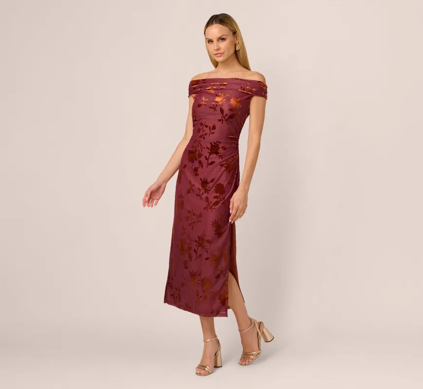 Off Shoulder Burnout Velvet Midi Dress In Amber sold by Adrianna Papell