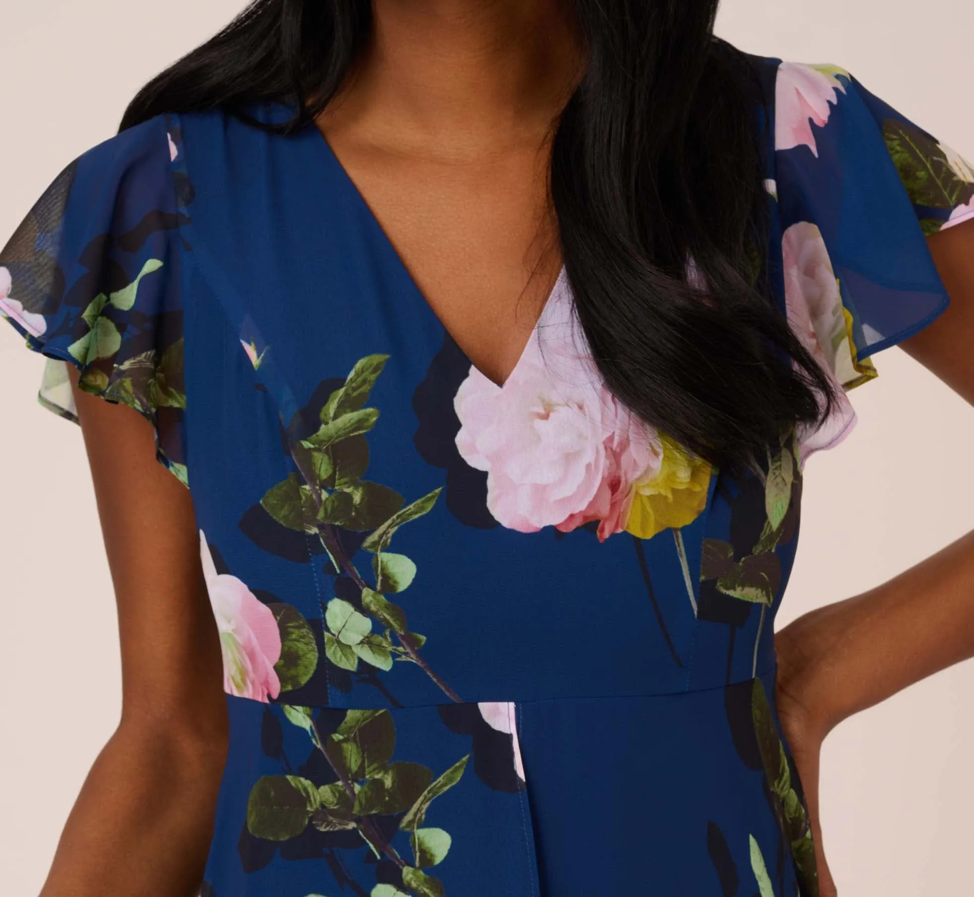 Floral Print Chiffon Cropped Jumpsuit In Navy Multi sold by Adrianna Papell product image thumbnail 5