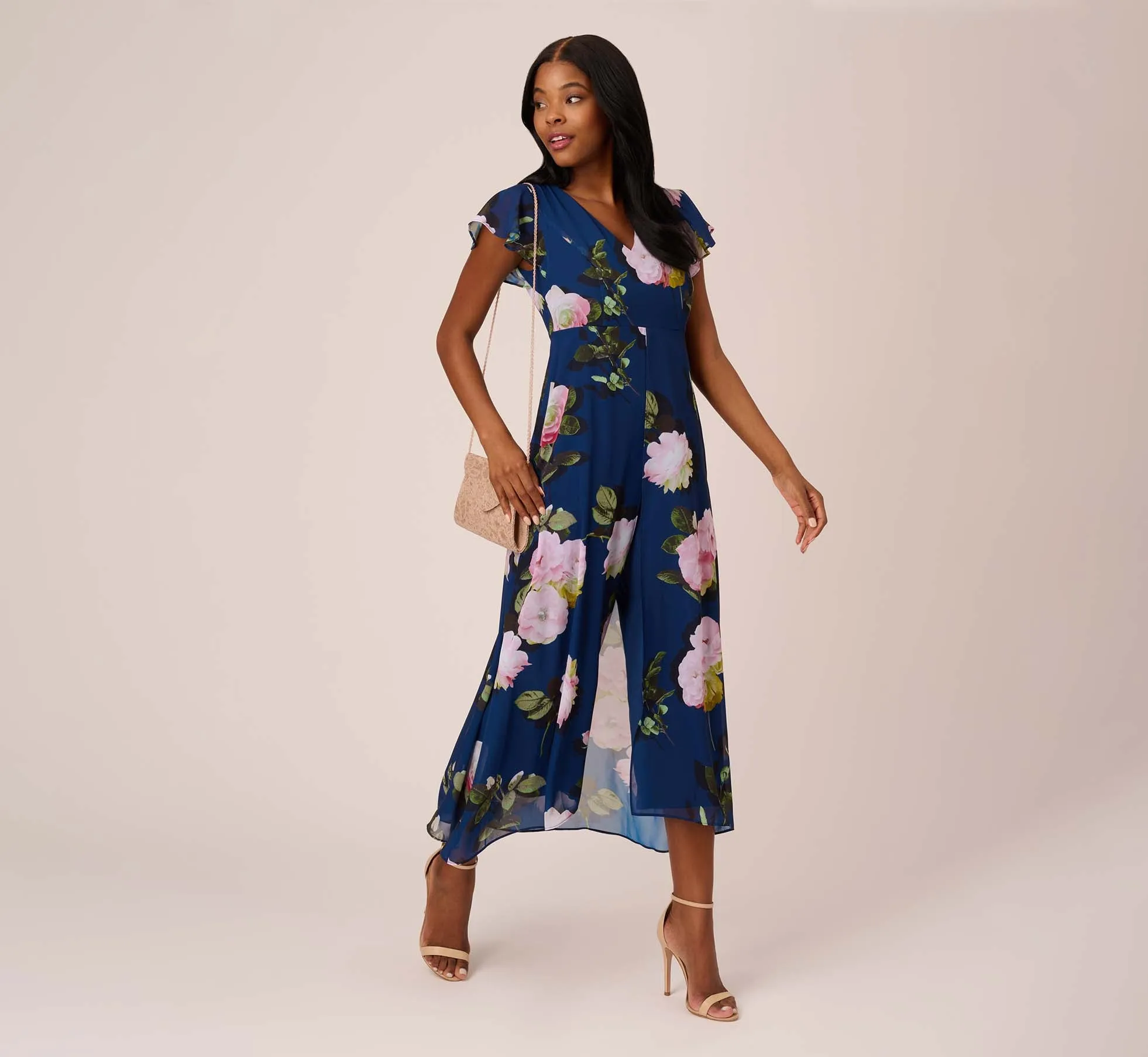 Floral Print Chiffon Cropped Jumpsuit In Navy Multi sold by Adrianna Papell product image thumbnail 2