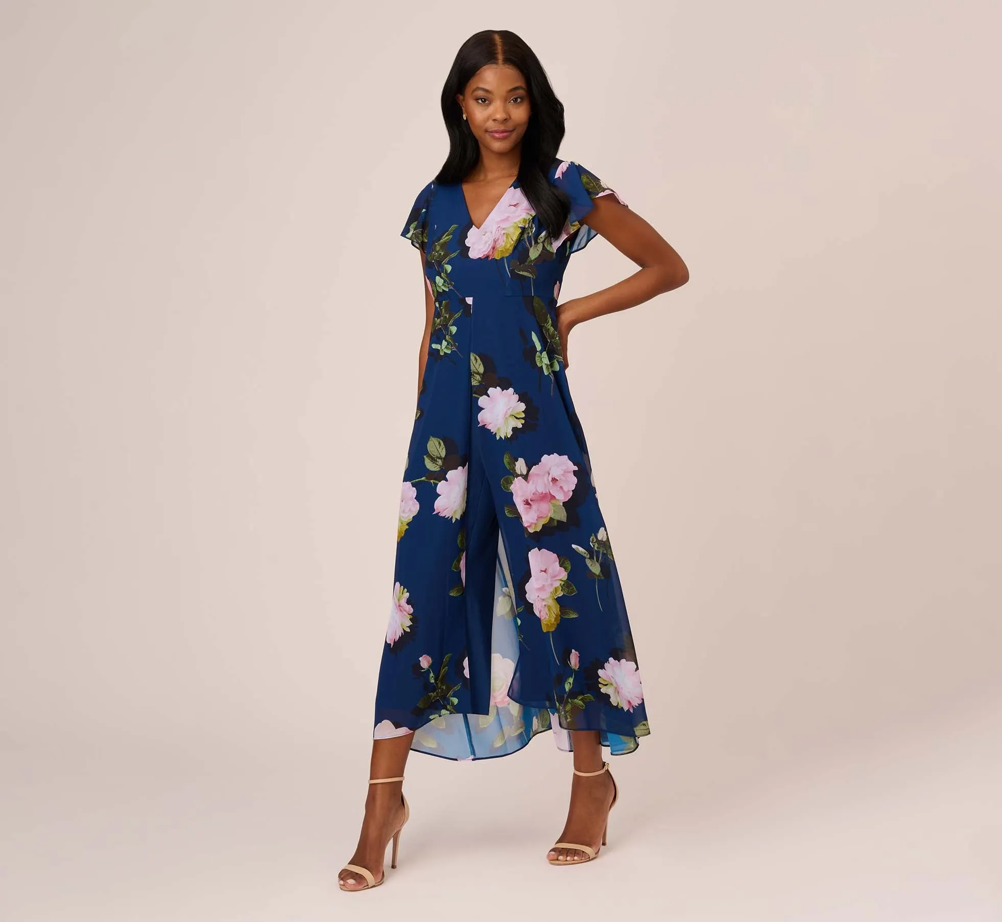 Floral Print Chiffon Cropped Jumpsuit In Navy Multi sold by Adrianna Papell