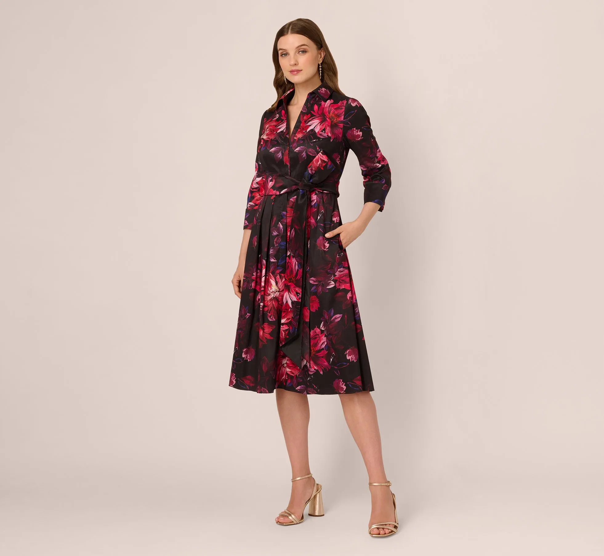 Three Quarter Sleeve Floral Taffeta Shirt Dress In Black Multi sold by Adrianna Papell product image thumbnail 2
