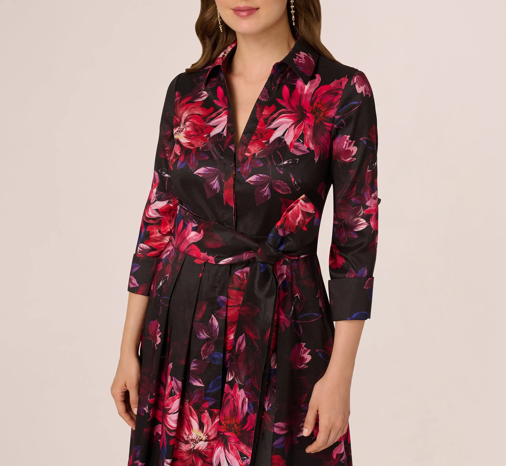 Three Quarter Sleeve Floral Taffeta Shirt Dress In Black Multi sold by Adrianna Papell product image thumbnail 3