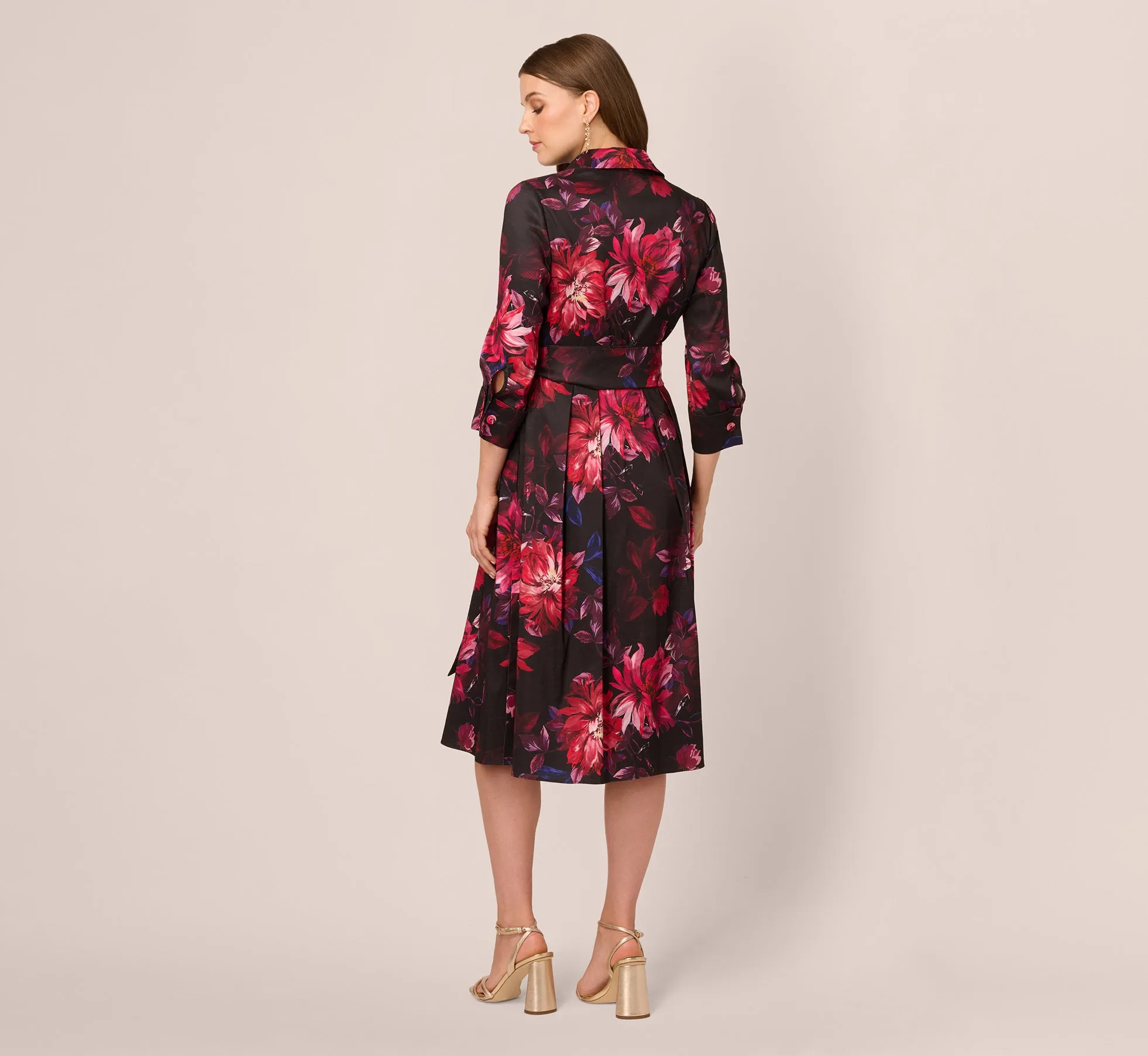 Three Quarter Sleeve Floral Taffeta Shirt Dress In Black Multi sold by Adrianna Papell product image thumbnail 5