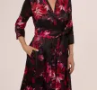 Three Quarter Sleeve Floral Taffeta Shirt Dress In Black Multi sold by Adrianna Papell