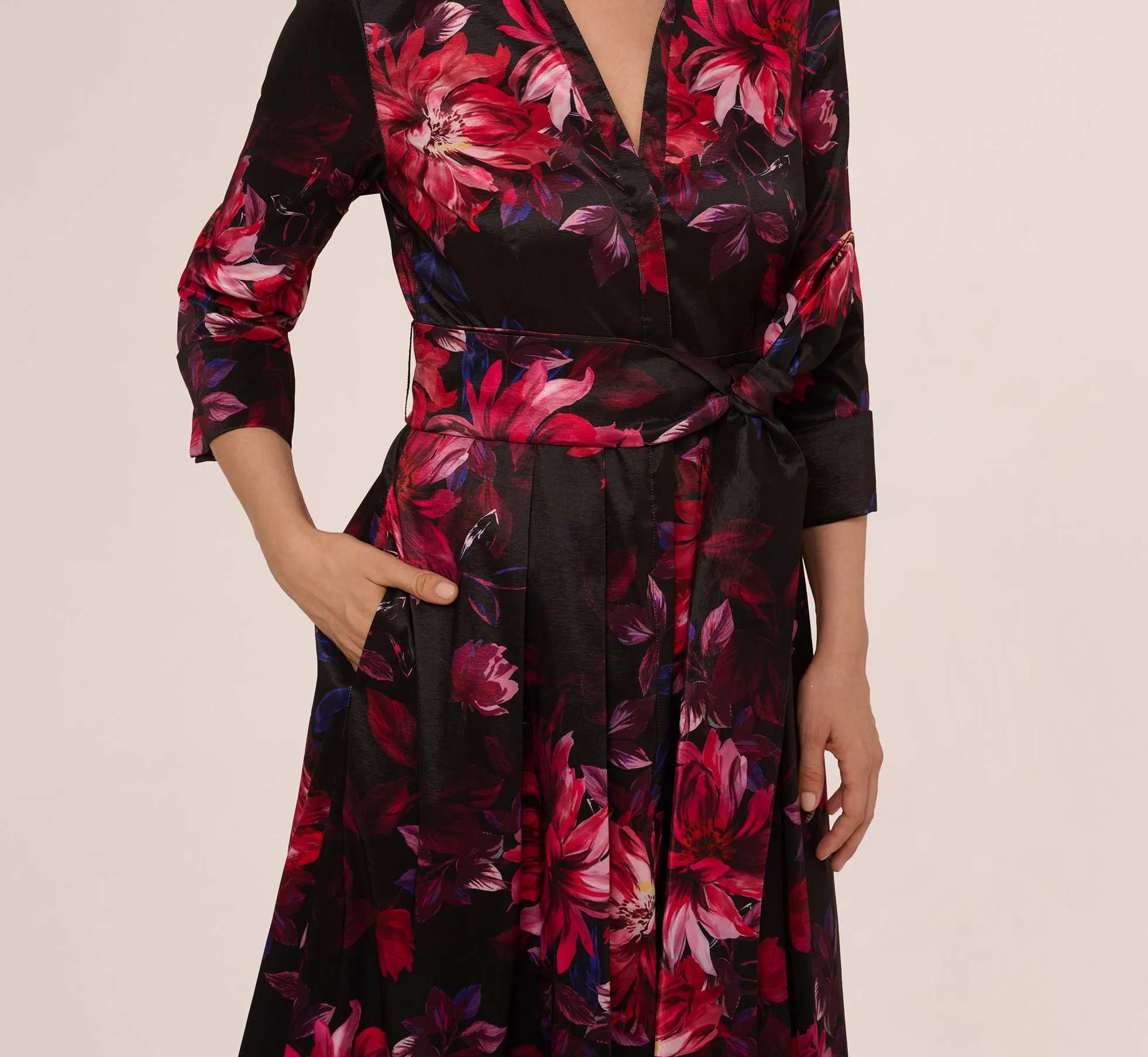 Three Quarter Sleeve Floral Taffeta Shirt Dress In Black Multi sold by Adrianna Papell product image thumbnail 4