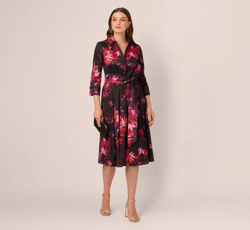 Three Quarter Sleeve Floral Taffeta Shirt Dress In Black Multi sold by Adrianna Papell
