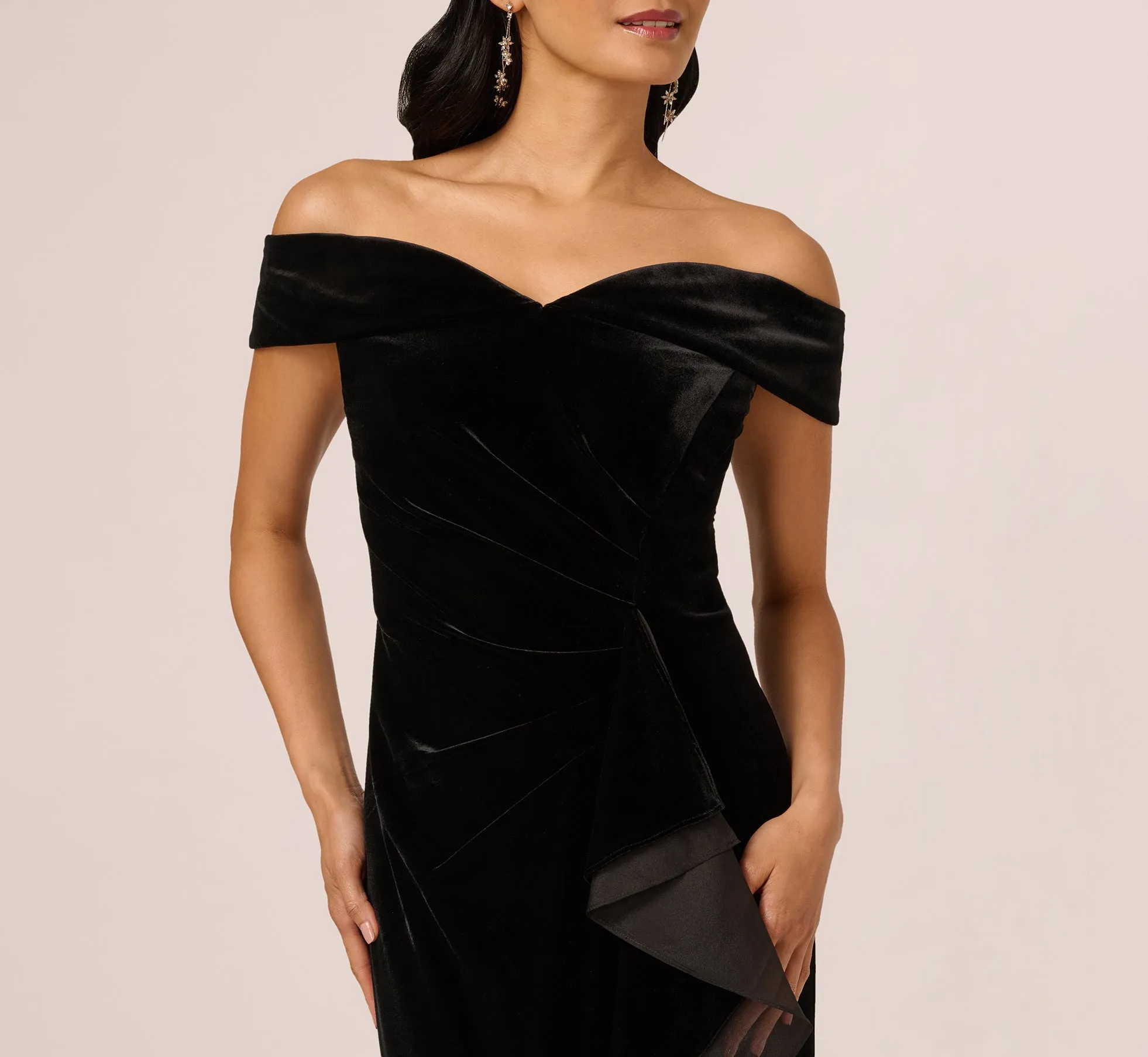 Off The Shoulder Velvet Mermaid Gown With Organza Ruffle In Black sold by Adrianna Papell product image thumbnail 3