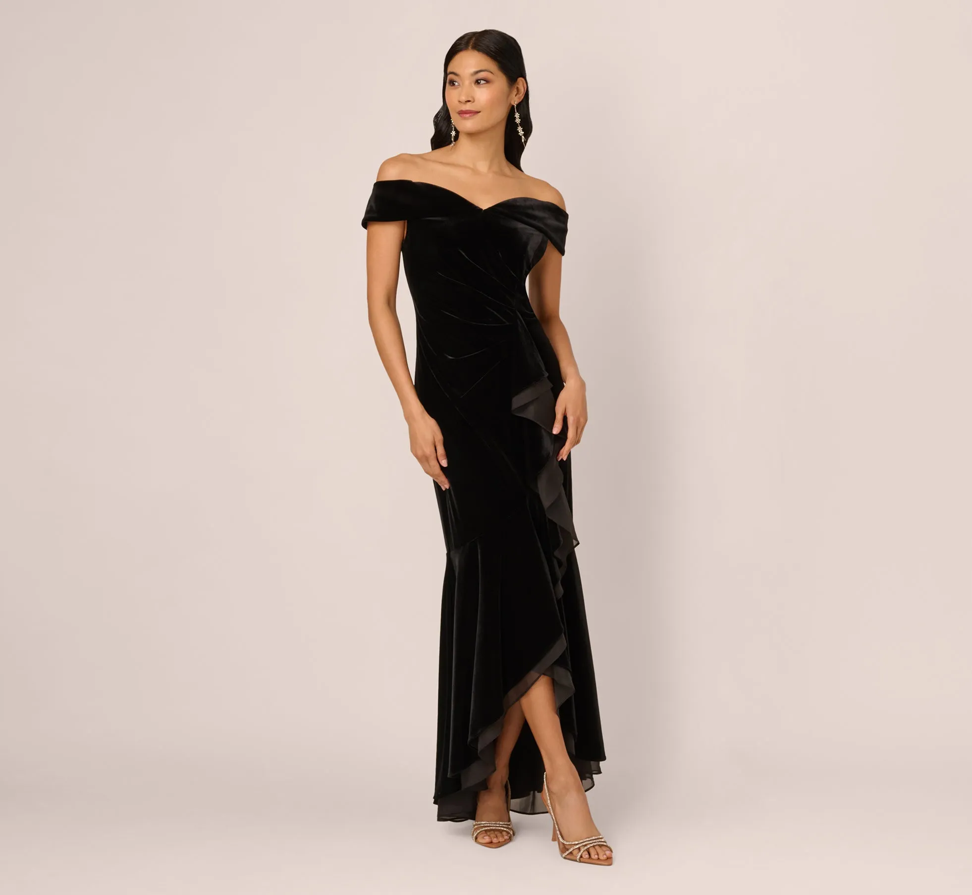 Off The Shoulder Velvet Mermaid Gown With Organza Ruffle In Black sold by Adrianna Papell product image thumbnail 2