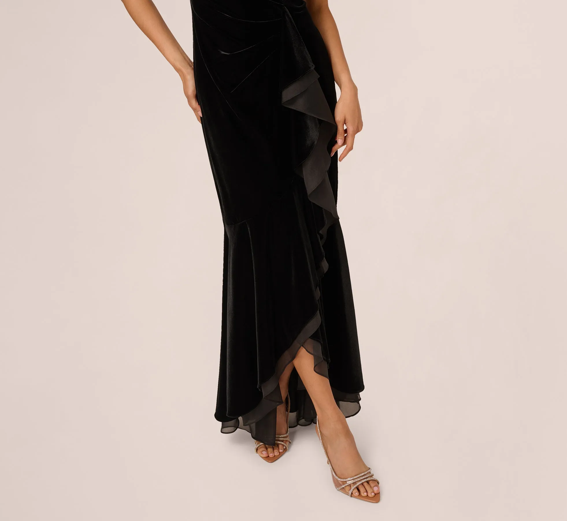 Off The Shoulder Velvet Mermaid Gown With Organza Ruffle In Black sold by Adrianna Papell product image thumbnail 4