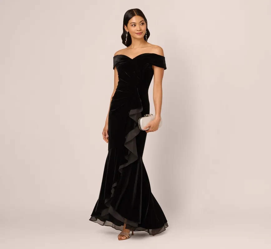 Off The Shoulder Velvet Mermaid Gown With Organza Ruffle In Black sold by Adrianna Papell