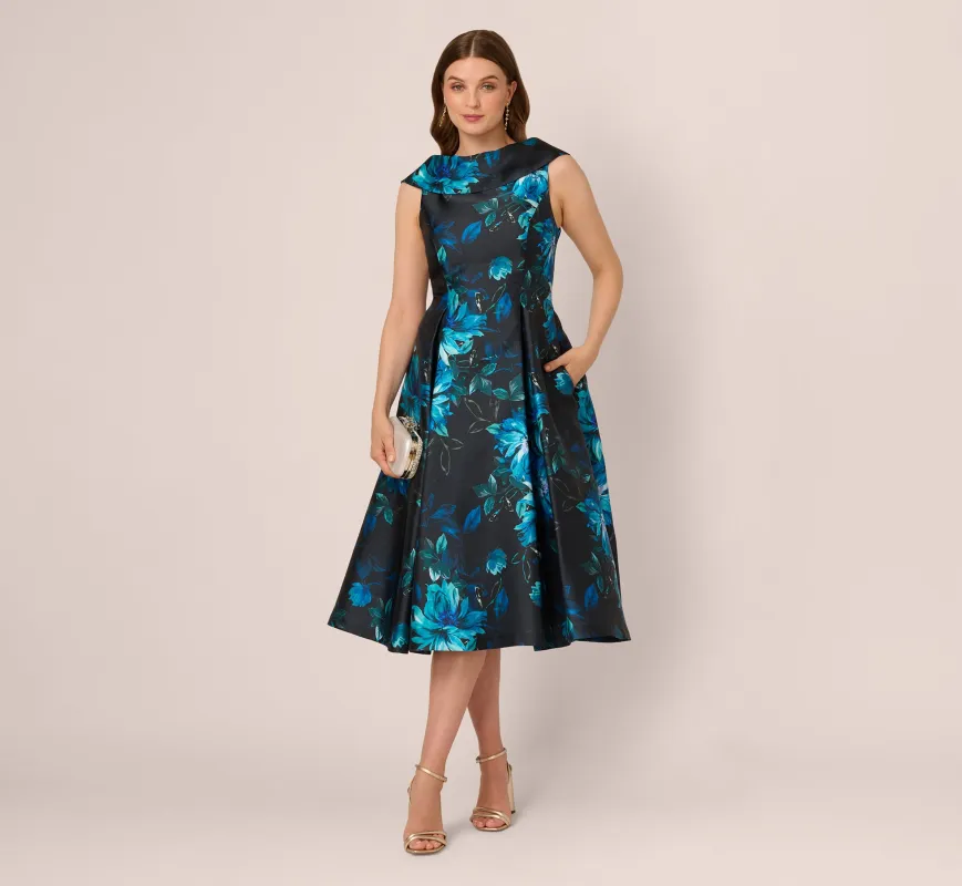 Sleeveless Roll Collar Floral Midi Dress In Navy Multi sold by Adrianna Papell