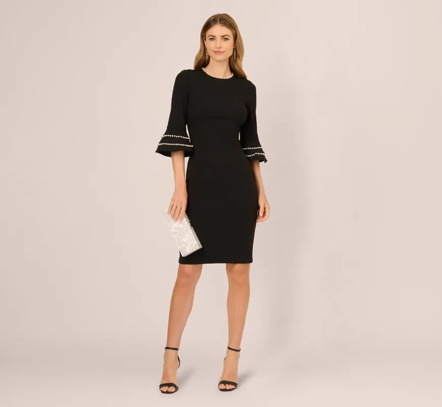 Three Quarter Bell Sleeve Pearly Trim Sheath Dress In Black Ivory sold by Adrianna Papell