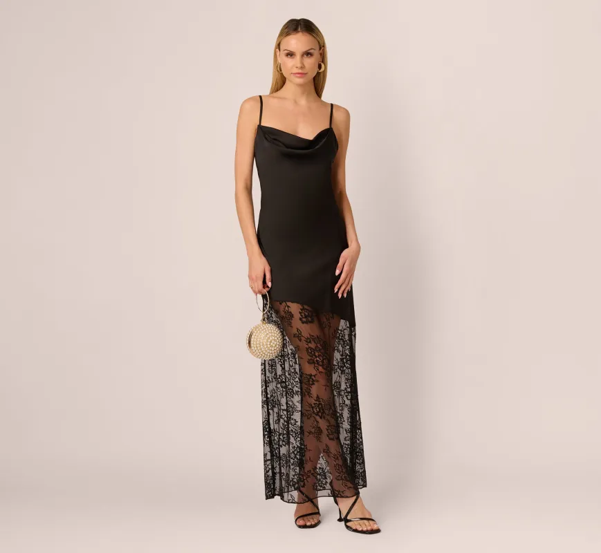 Sleeveless Satin Lace Maxi Gown In Black sold by Adrianna Papell