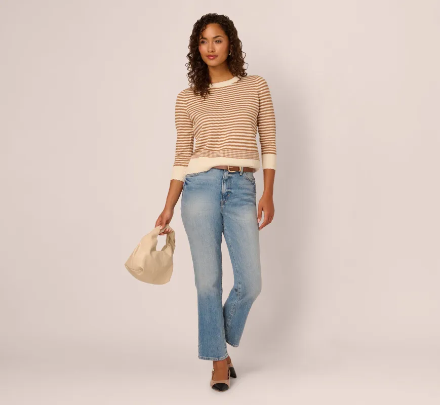 Three Quarter Sleeve Stripe Knit Sweater Top In Cream Camel sold by Adrianna Papell