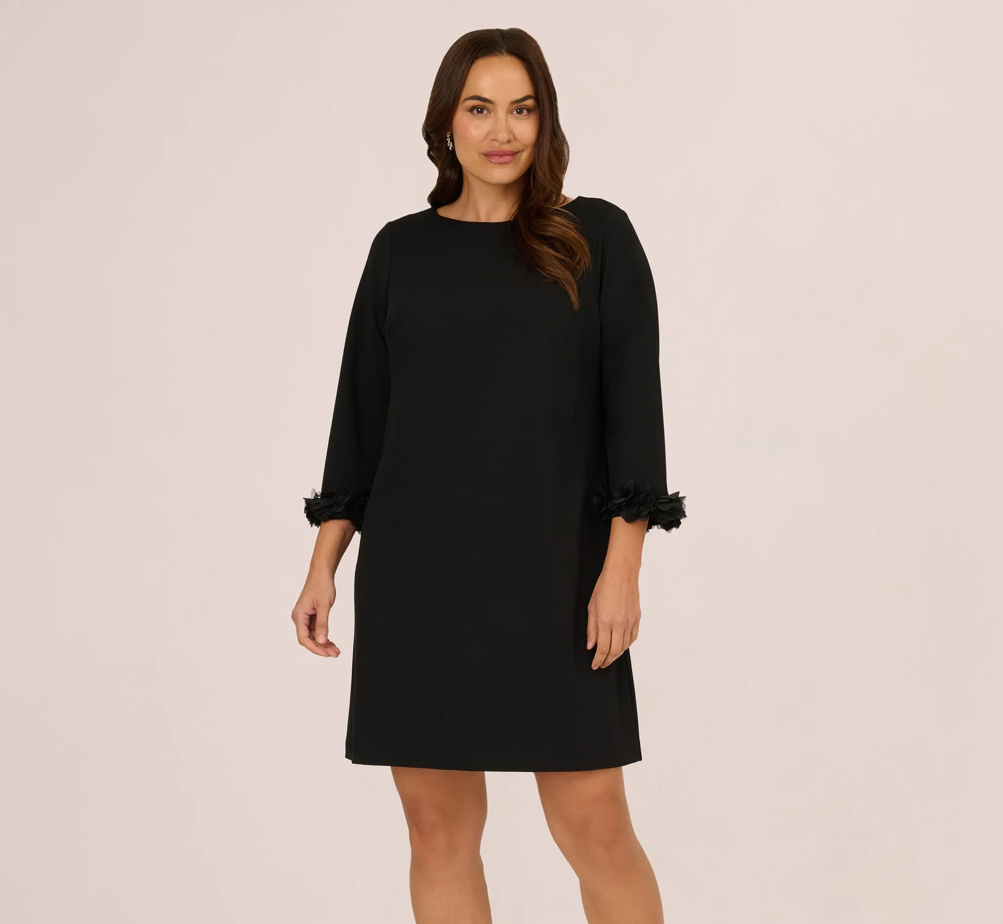Plus Size Three Quarter Sleeve Shift Dress With Floral Embellished Cuffs In Black sold by Adrianna Papell product image thumbnail 2