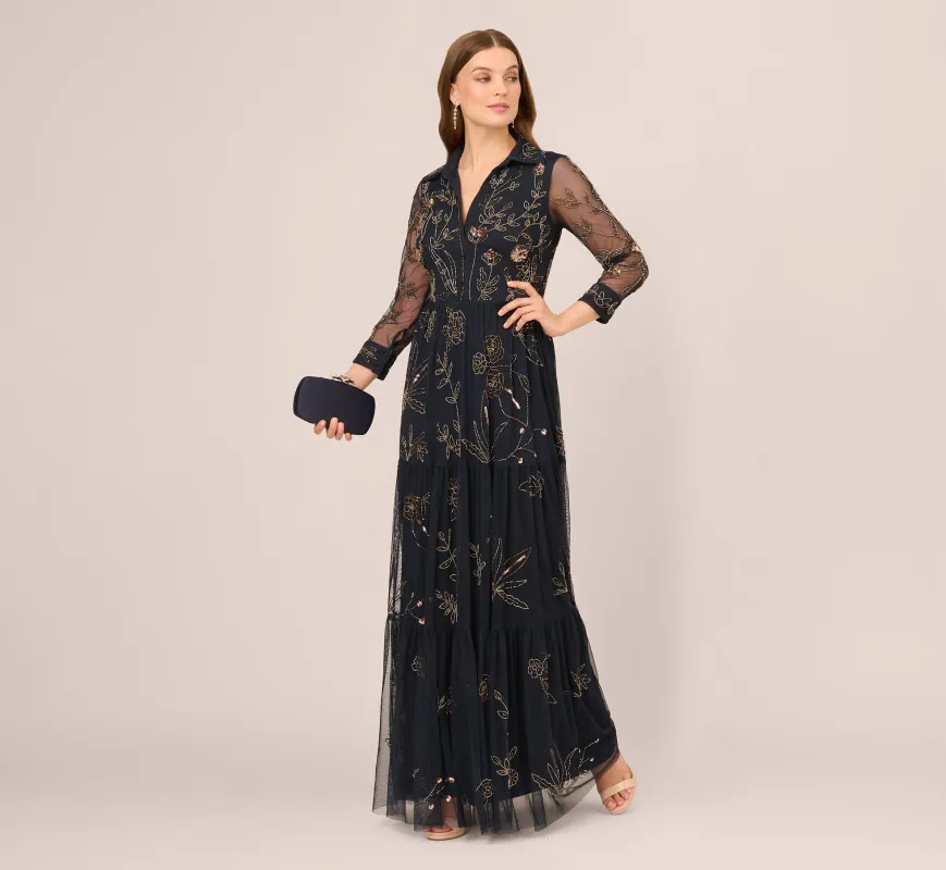 Three Quarter Sleeve Collared Floral Beaded Gown In Midnight Multi sold by Adrianna Papell