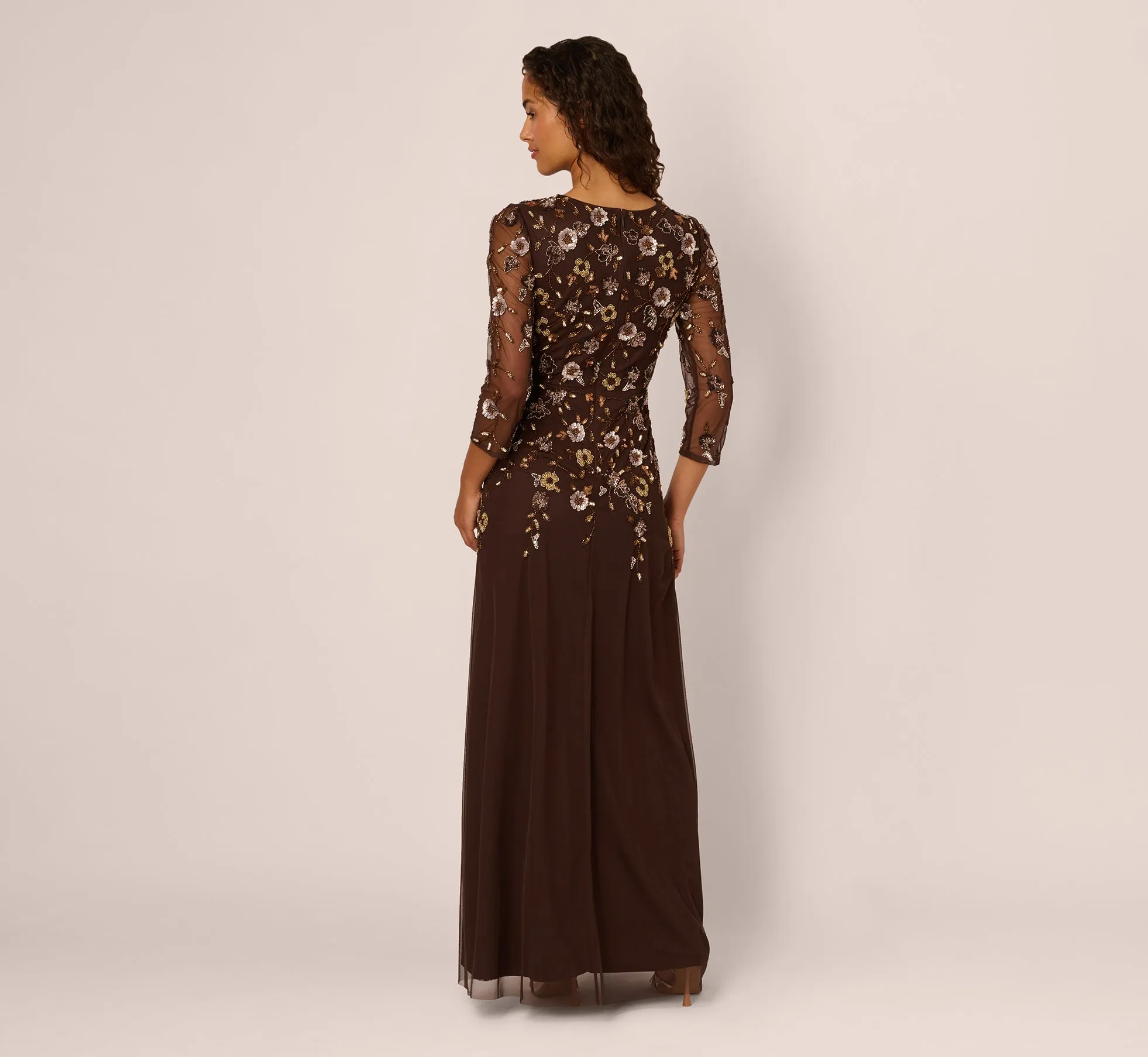 Three Quarter Sleeve Floral Sequin Beaded Gown In Chocolate sold by Adrianna Papell product image thumbnail 5