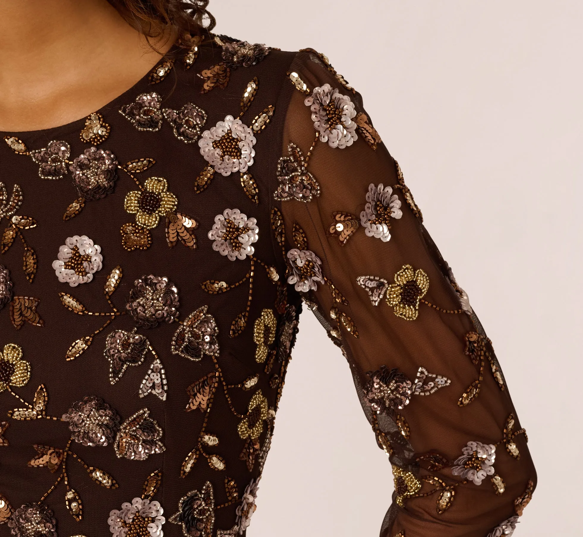 Three Quarter Sleeve Floral Sequin Beaded Gown In Chocolate sold by Adrianna Papell product image thumbnail 3