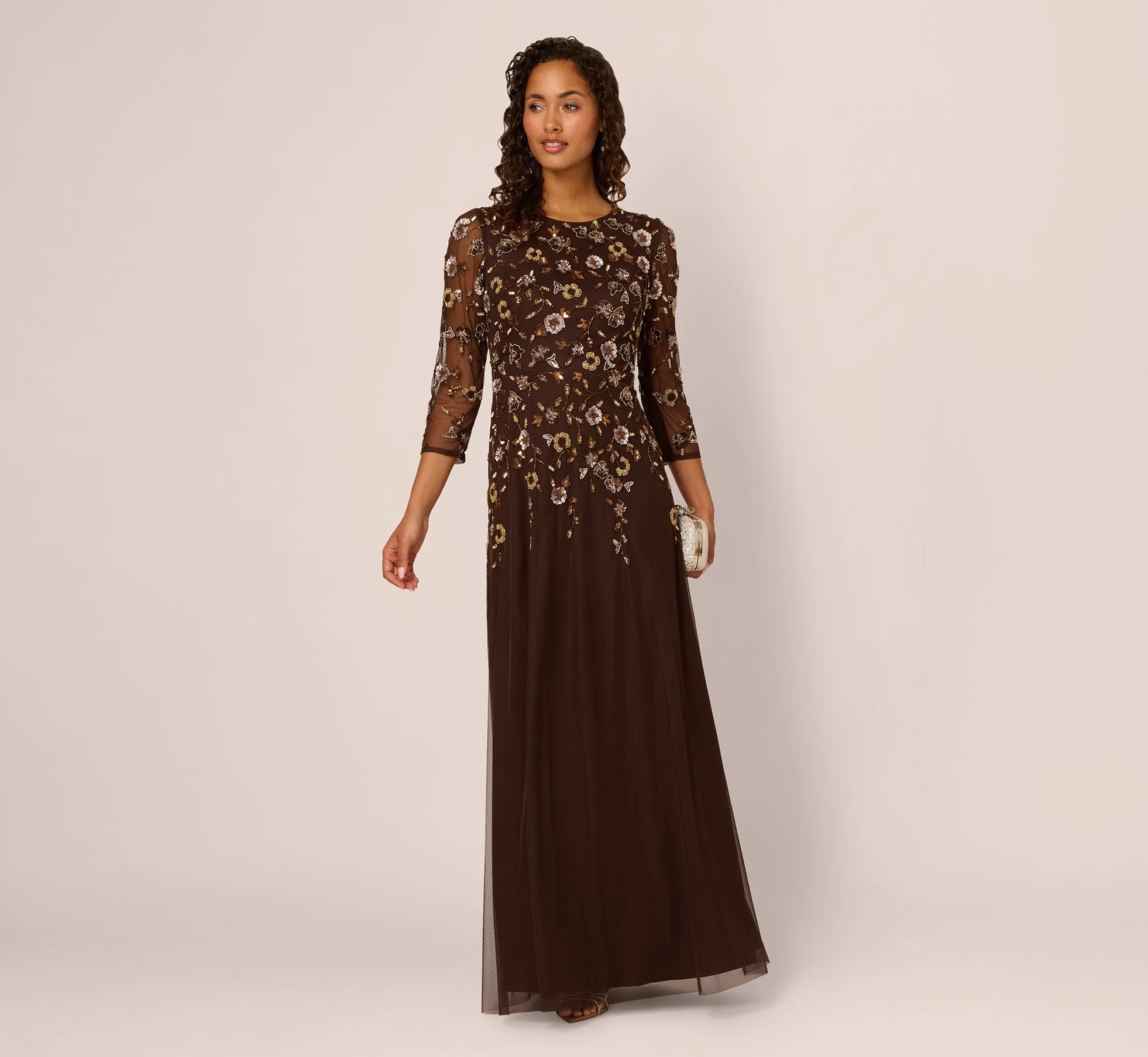 Three Quarter Sleeve Floral Sequin Beaded Gown In Chocolate sold by Adrianna Papell