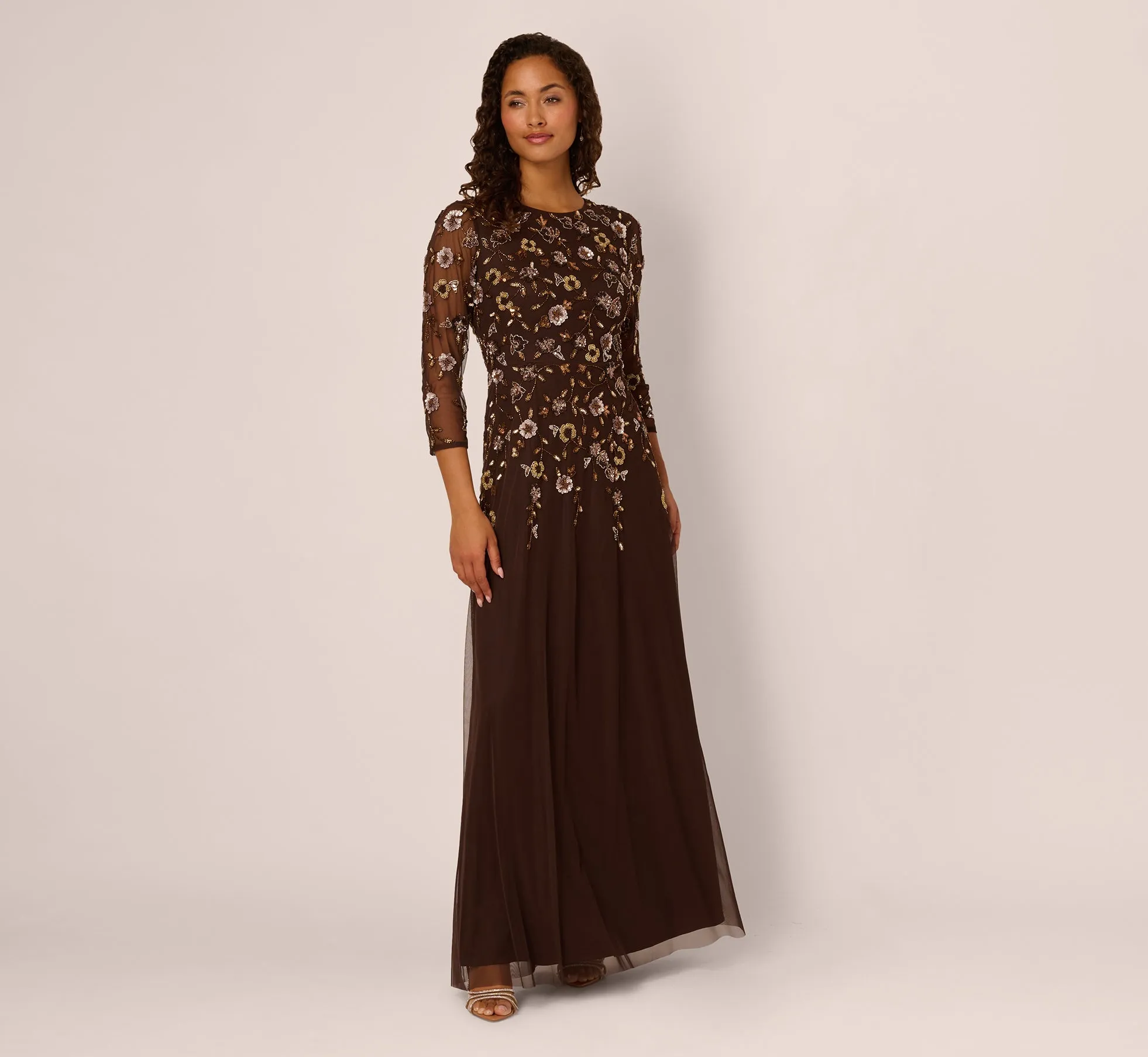 Three Quarter Sleeve Floral Sequin Beaded Gown In Chocolate sold by Adrianna Papell product image thumbnail 2