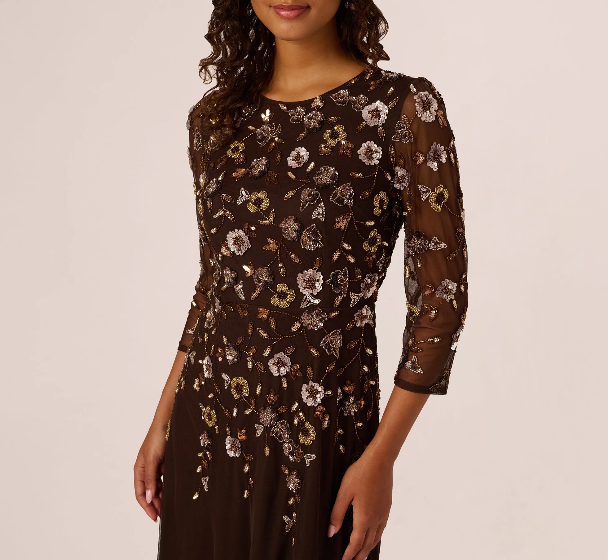 Three Quarter Sleeve Floral Sequin Beaded Gown In Chocolate sold by Adrianna Papell product image thumbnail 4