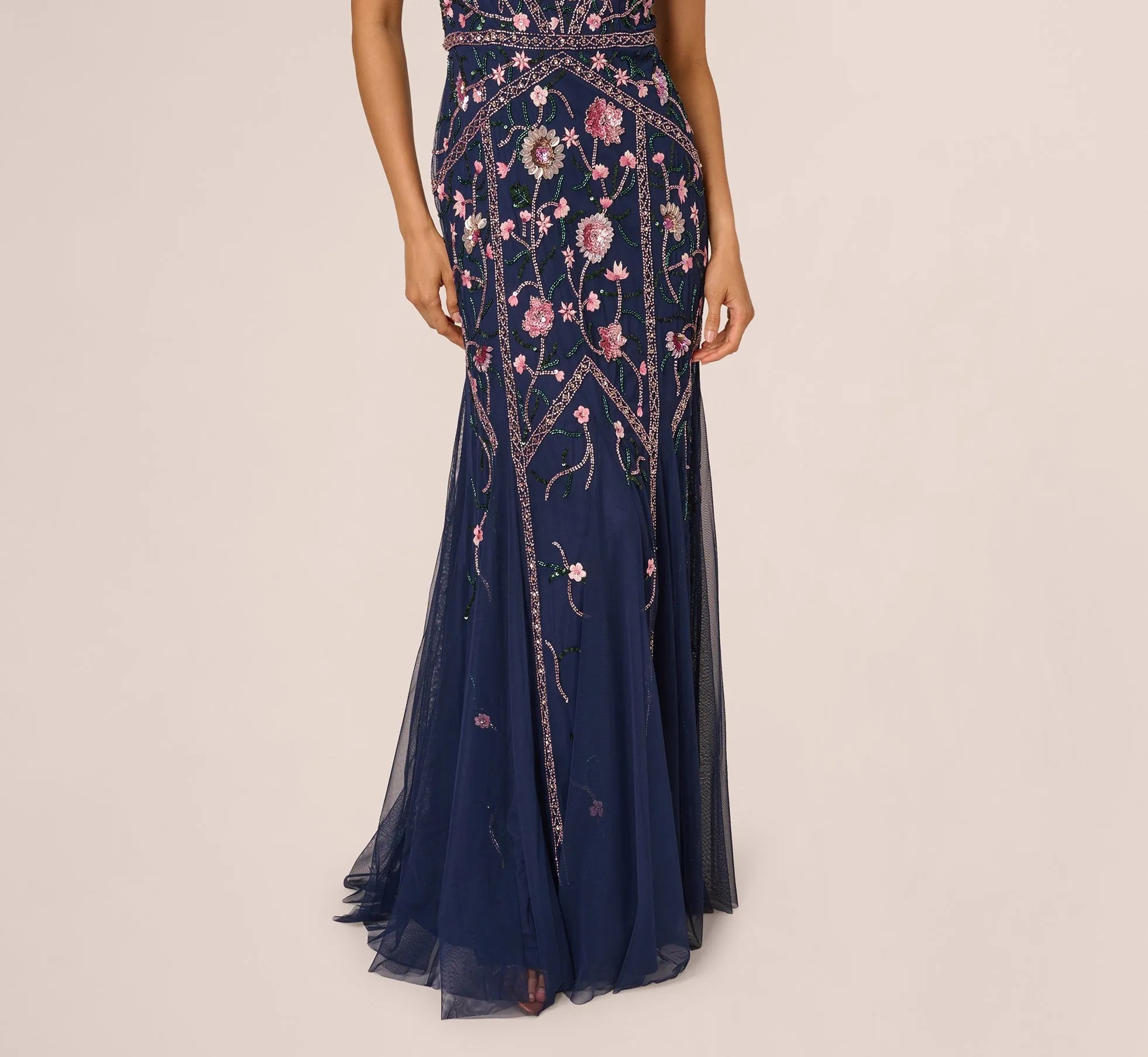 Sleeveless Square Neck Floral Beaded Godet Gown In Navy Pink Multi sold by Adrianna Papell product image thumbnail 5