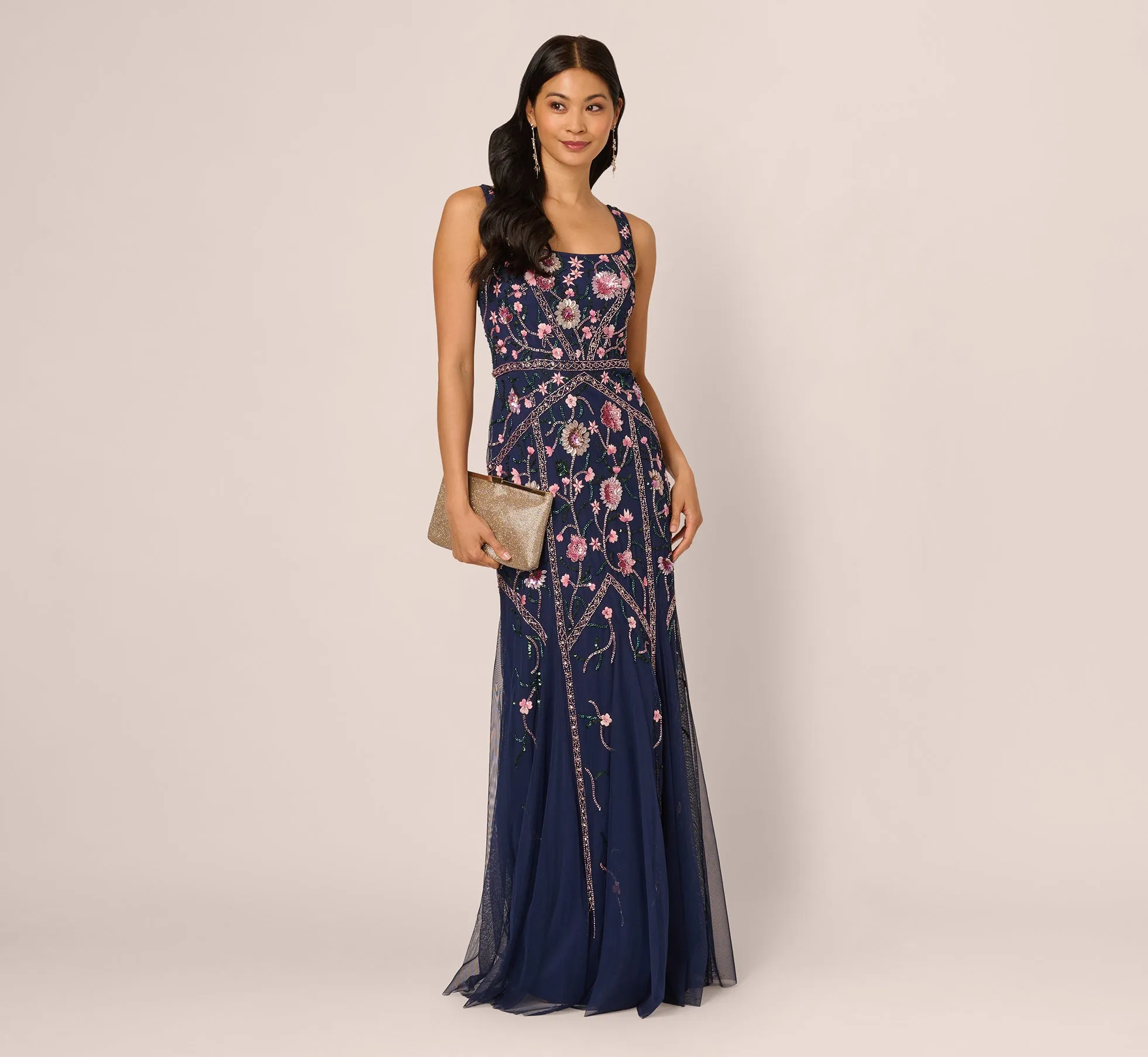 Sleeveless Square Neck Floral Beaded Godet Gown In Navy Pink Multi sold by Adrianna Papell product image thumbnail 2