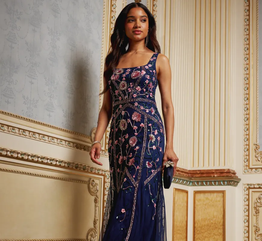 Sleeveless Square Neck Floral Beaded Godet Gown In Navy Pink Multi sold by Adrianna Papell