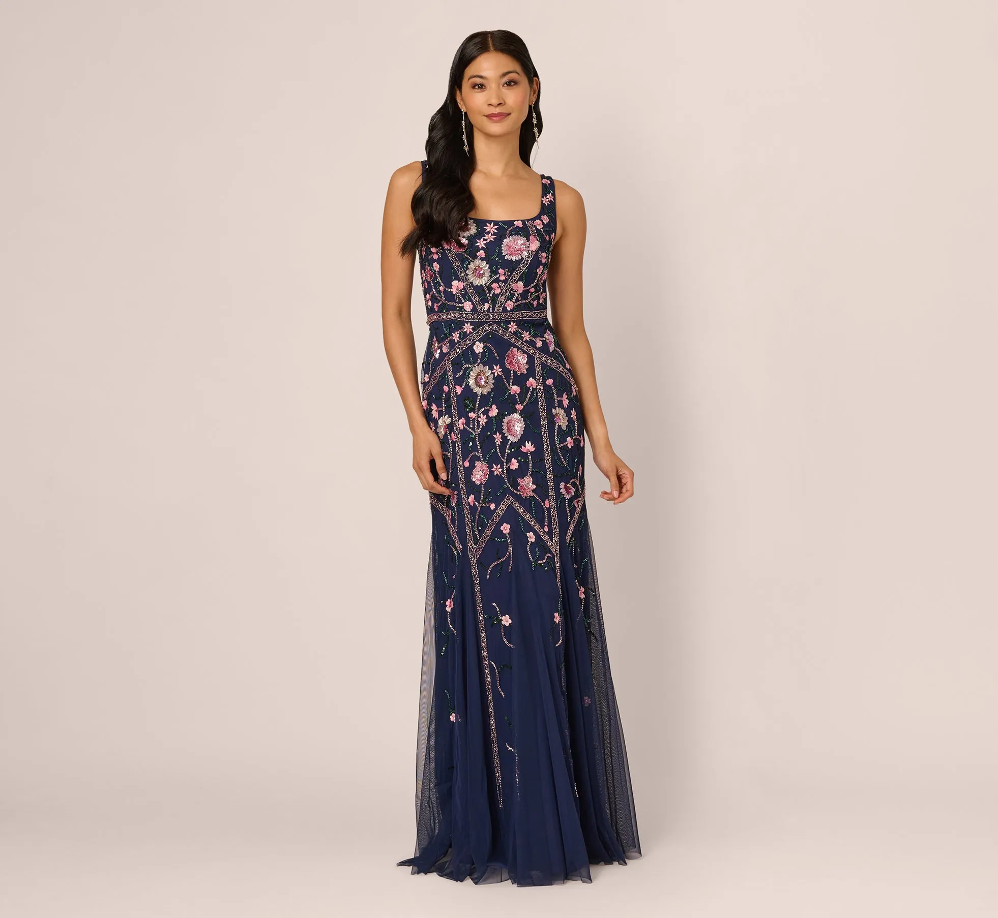 Sleeveless Square Neck Floral Beaded Godet Gown In Navy Pink Multi sold by Adrianna Papell product image thumbnail 3