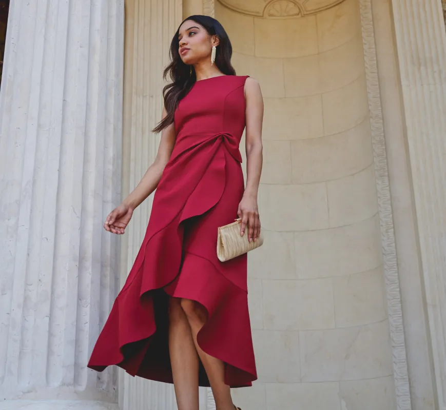 Sleeveless Flounce High Low Midi Dress In Crimson sold by Adrianna Papell