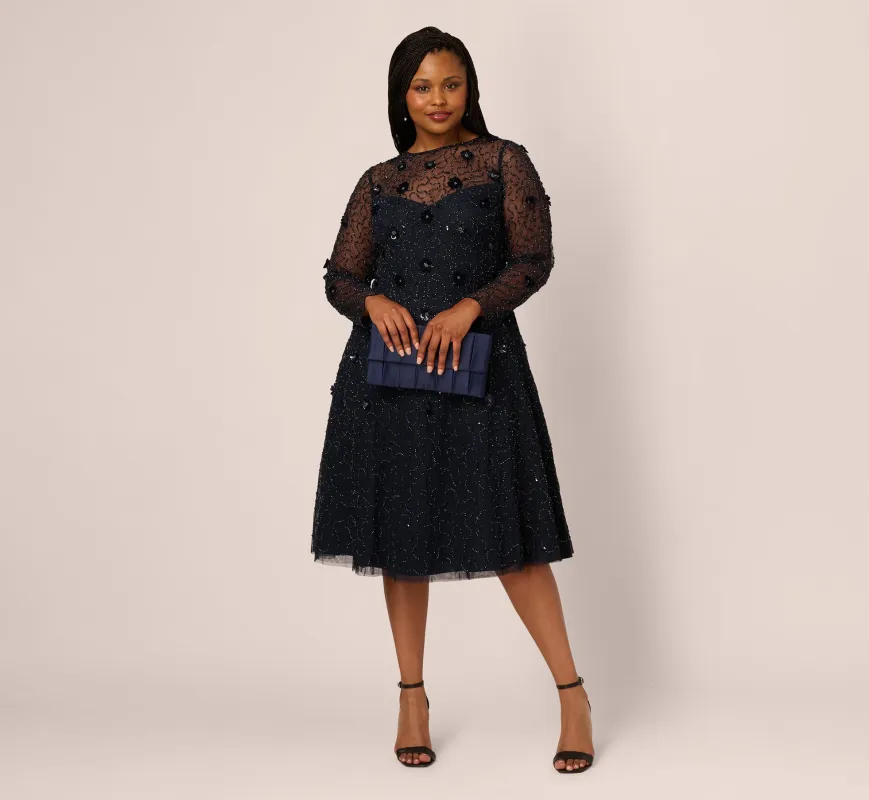 Plus Size Long Sleeve Illusion Floral Beaded Midi Dress In Midnight sold by Adrianna Papell
