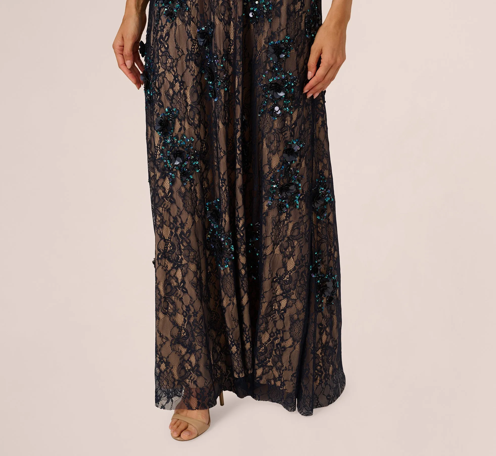 Sleeveless Sequin Floral Lace Gown In Midnight Multi Nude sold by Adrianna Papell product image thumbnail 5