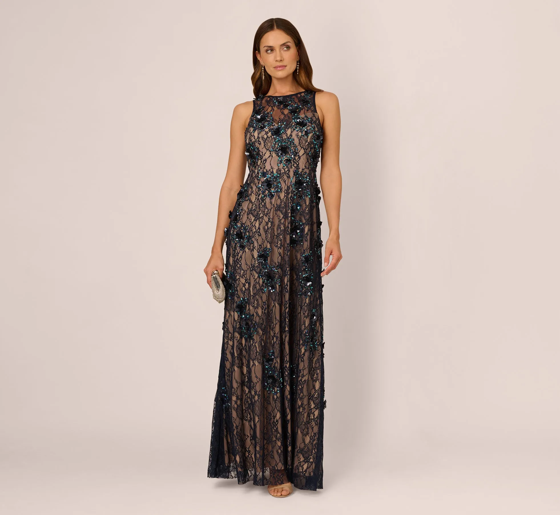 Sleeveless Sequin Floral Lace Gown In Midnight Multi Nude sold by Adrianna Papell product image thumbnail 2