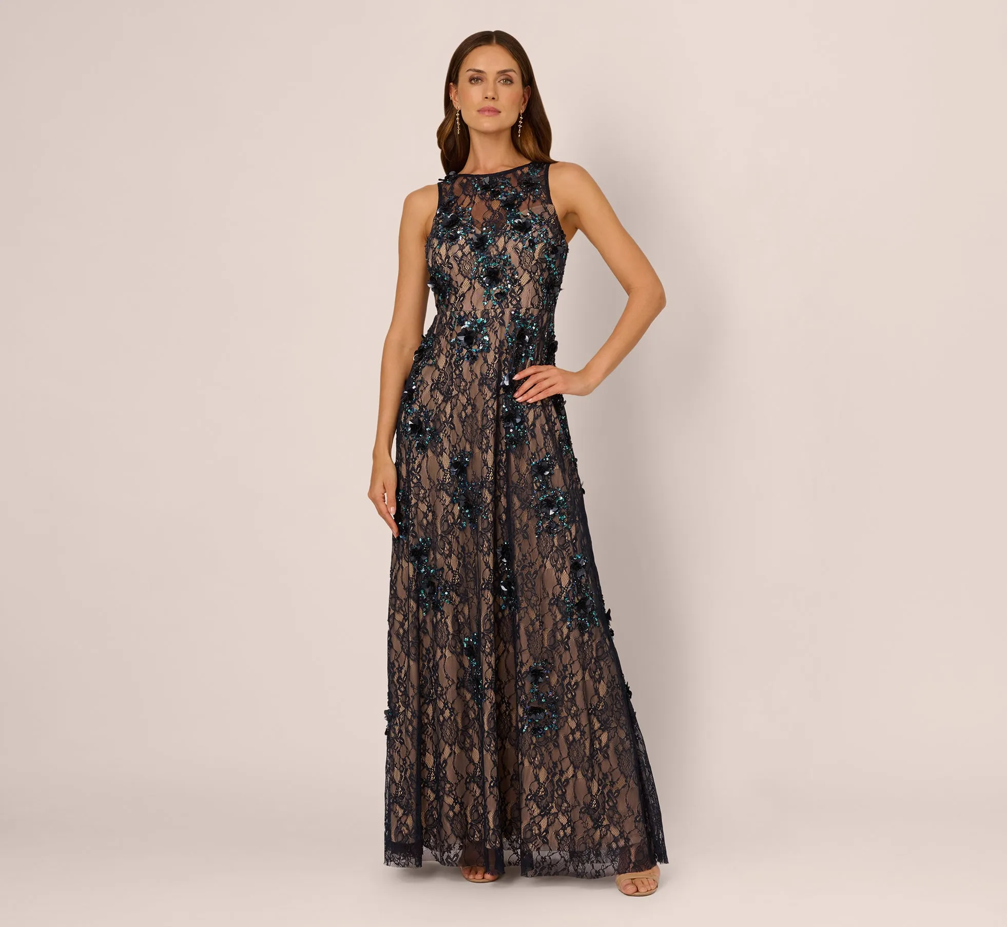 Sleeveless Sequin Floral Lace Gown In Midnight Multi Nude sold by Adrianna Papell product image thumbnail 3