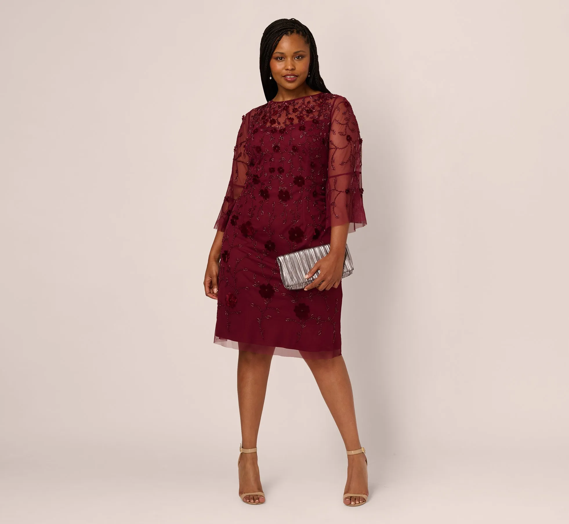 Plus Size Three Quarter Sleeve Velvet Floral Bead Sheath Dress In Mahogany sold by Adrianna Papell
