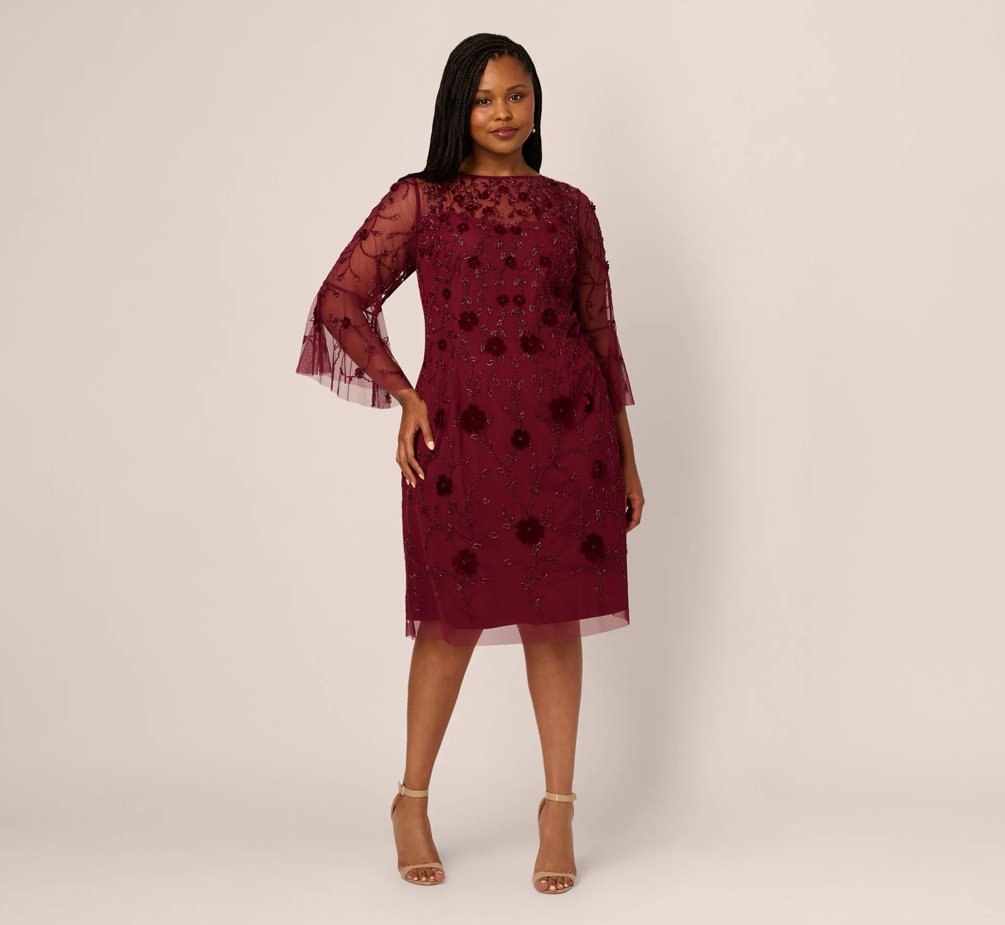Plus Size Three Quarter Sleeve Velvet Floral Bead Sheath Dress In Mahogany sold by Adrianna Papell product image thumbnail 2