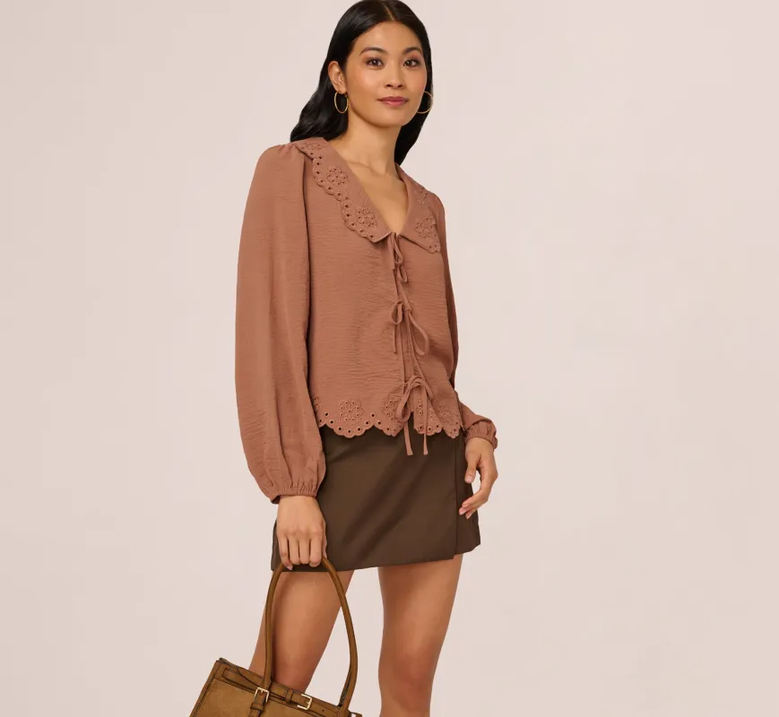 Long Sleeve Embroidered Eyelet Top In Acorn sold by Adrianna Papell