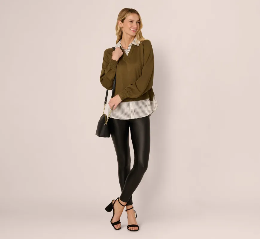 Long Sleeve Collared Printed Twover Sweater In Oak Olive W Iv Blministripe sold by Adrianna Papell