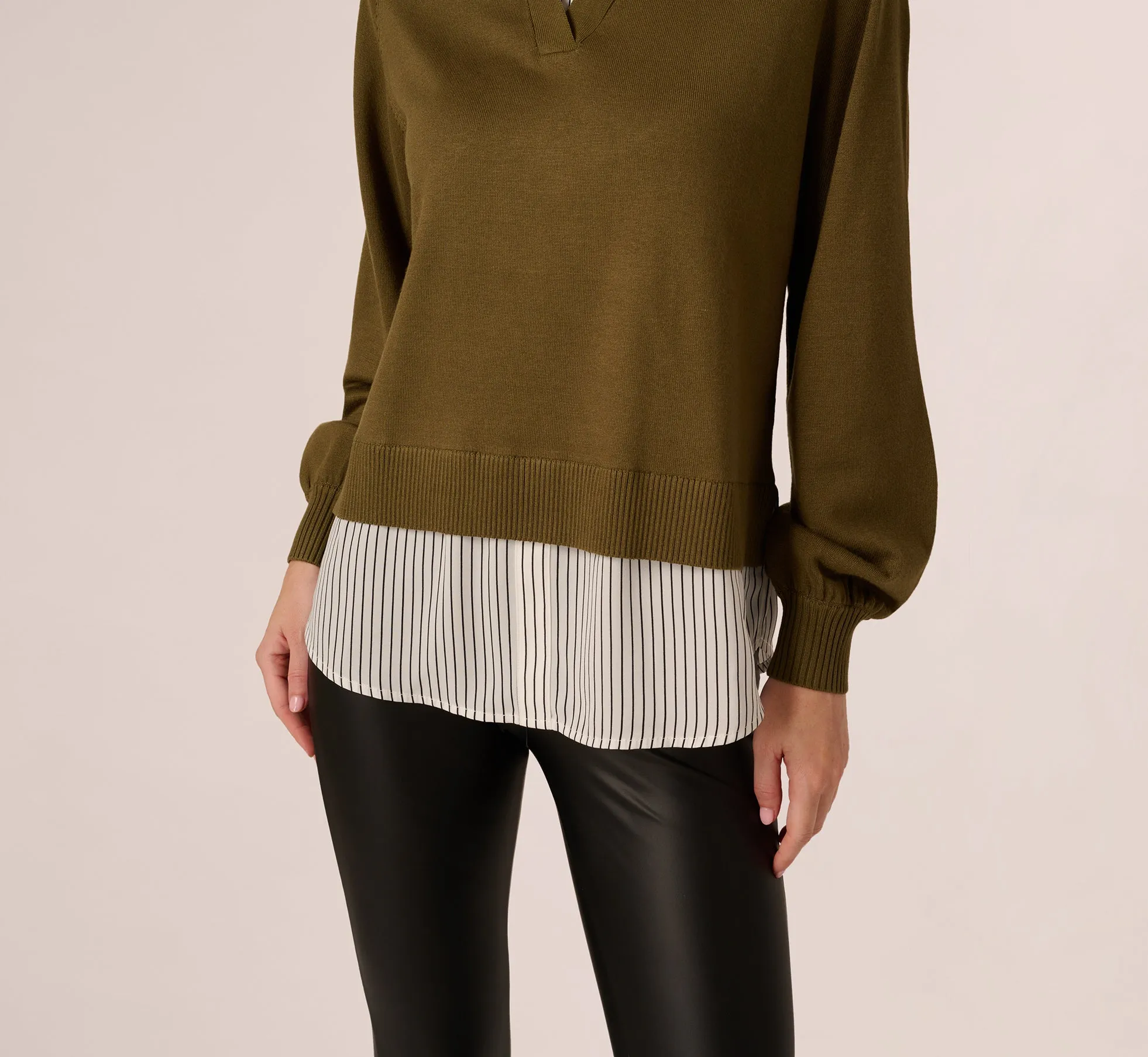 Long Sleeve Collared Printed Twover Sweater In Oak Olive W Iv Blministripe sold by Adrianna Papell product image thumbnail 4