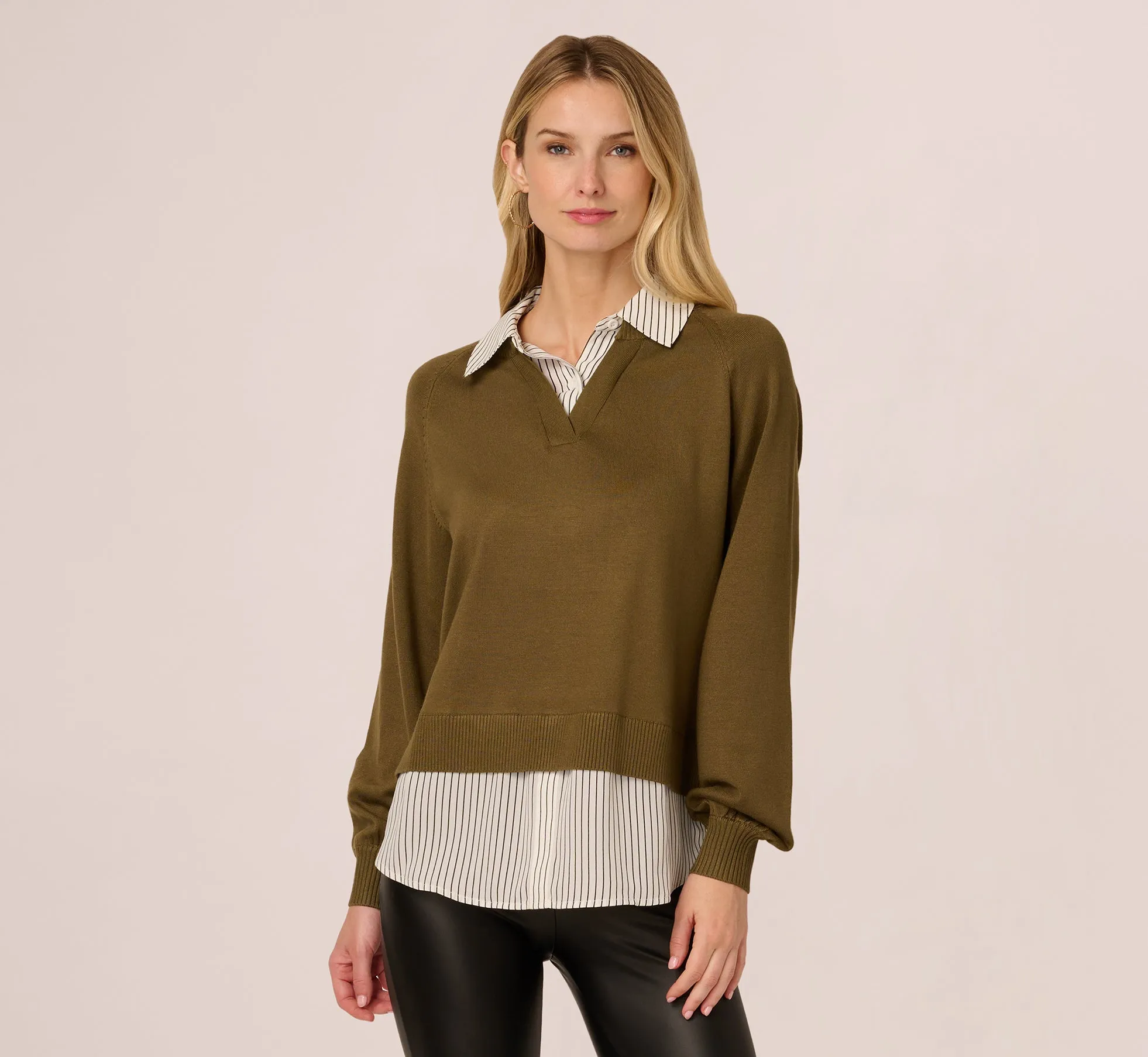 Long Sleeve Collared Printed Twover Sweater In Oak Olive W Iv Blministripe sold by Adrianna Papell product image thumbnail 2