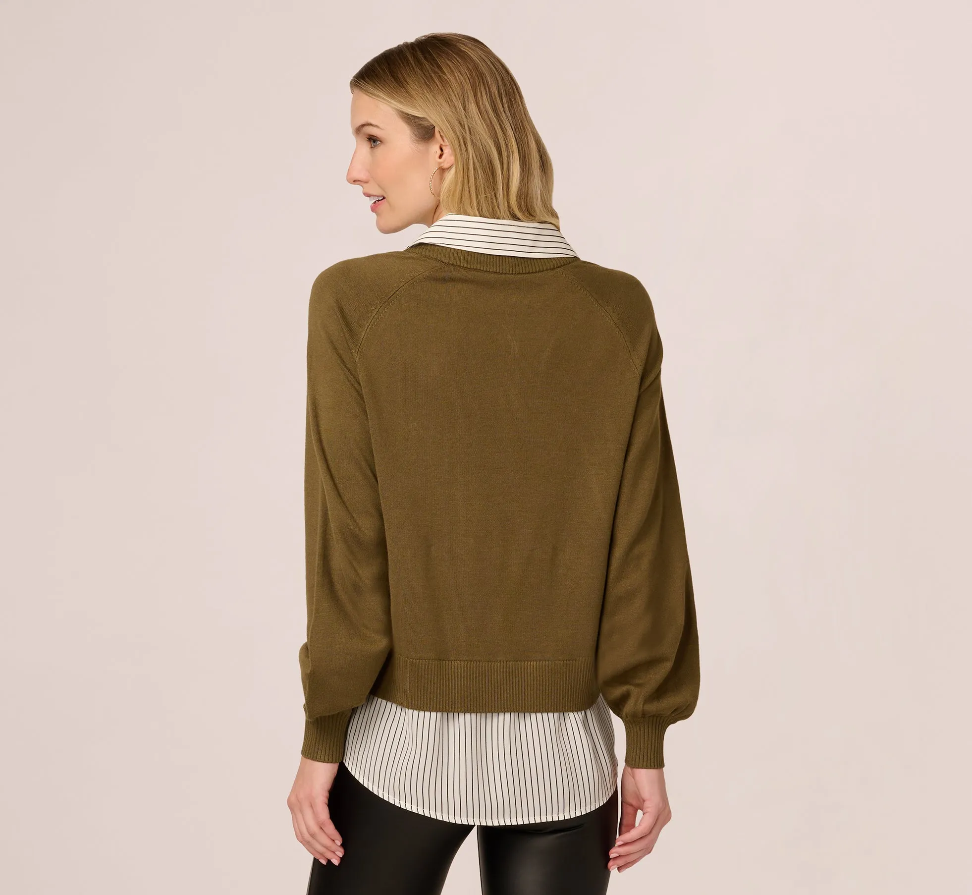 Long Sleeve Collared Printed Twover Sweater In Oak Olive W Iv Blministripe sold by Adrianna Papell product image thumbnail 5