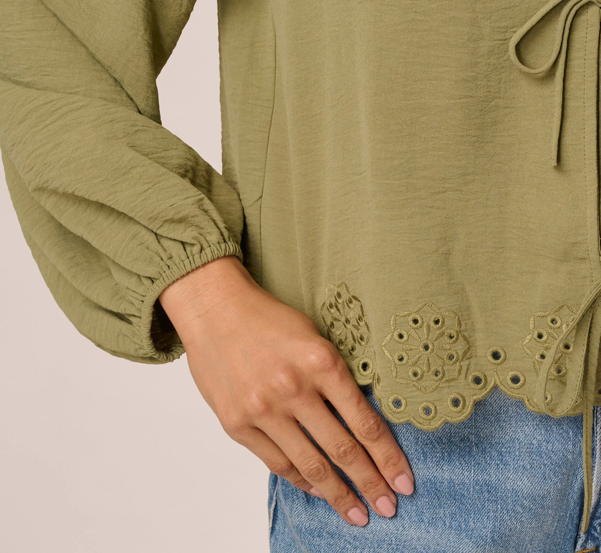 Long Sleeve Embroidered Eyelet Top In Matcha Green sold by Adrianna Papell product image thumbnail 5