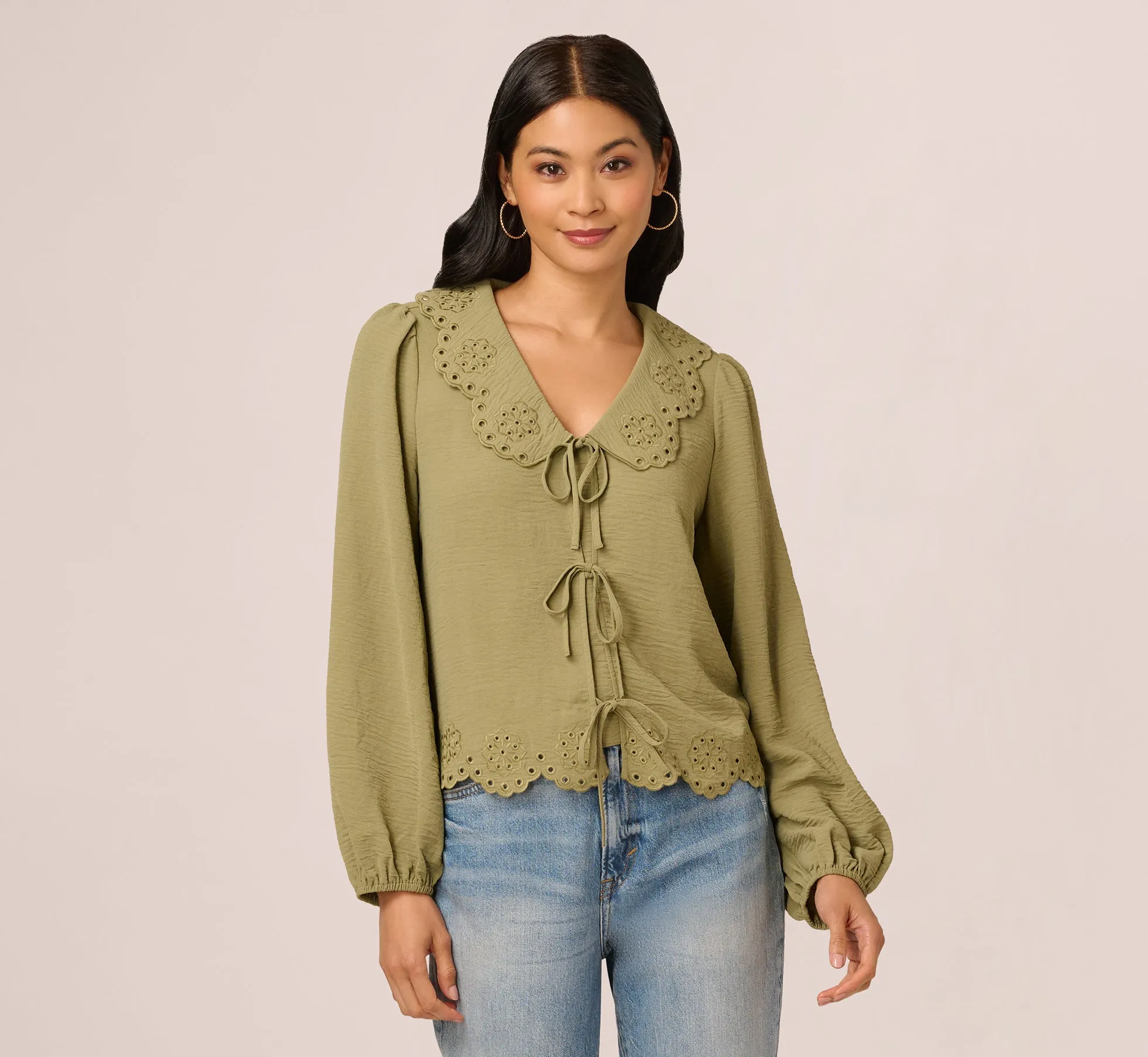 Long Sleeve Embroidered Eyelet Top In Matcha Green sold by Adrianna Papell product image thumbnail 3